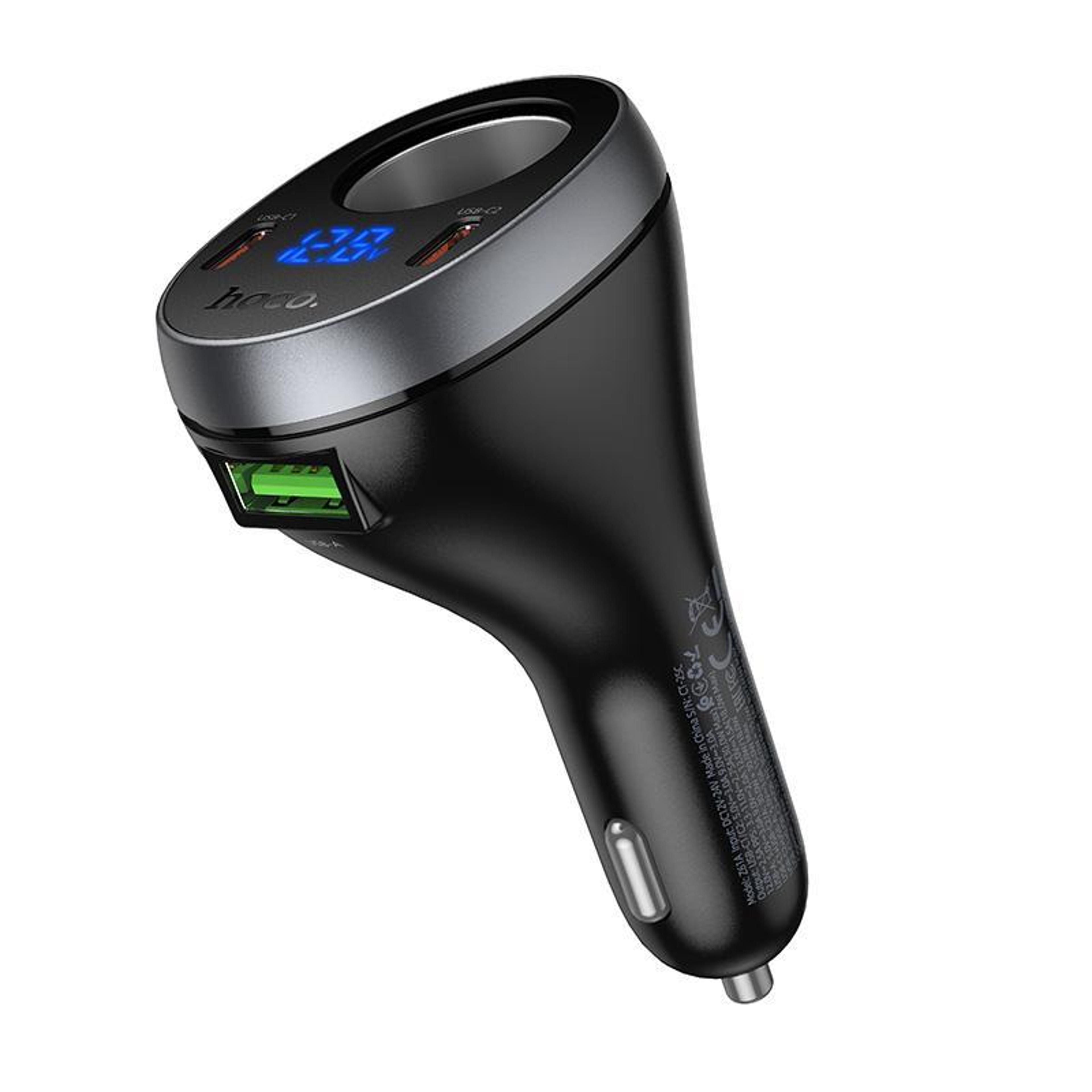 hoco z61a pd60w fast car charger with dual usb-c, usb port & cigarette lighter splitter