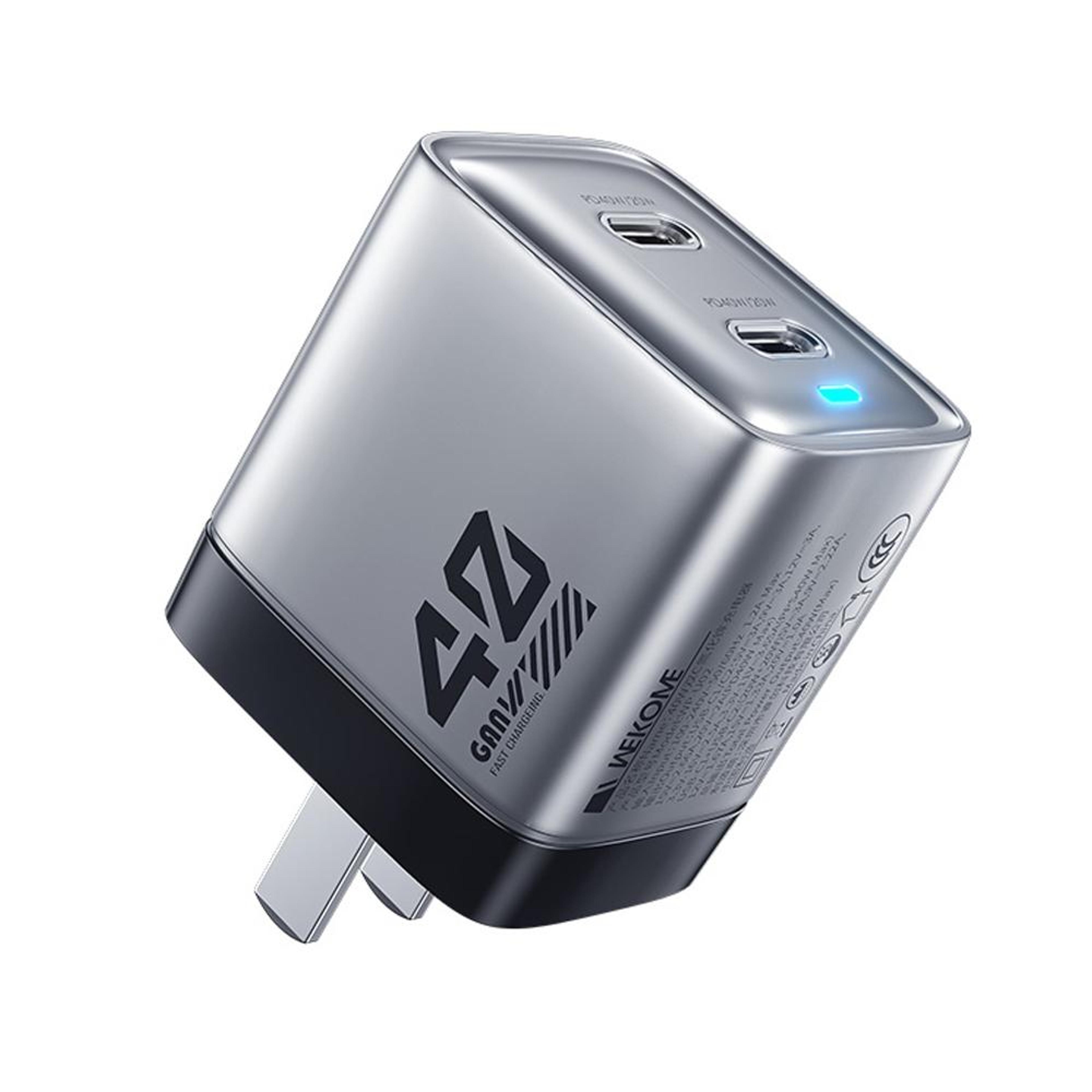 wk wp-u02 40w gan dual usb-c fast charging power adapter silver
