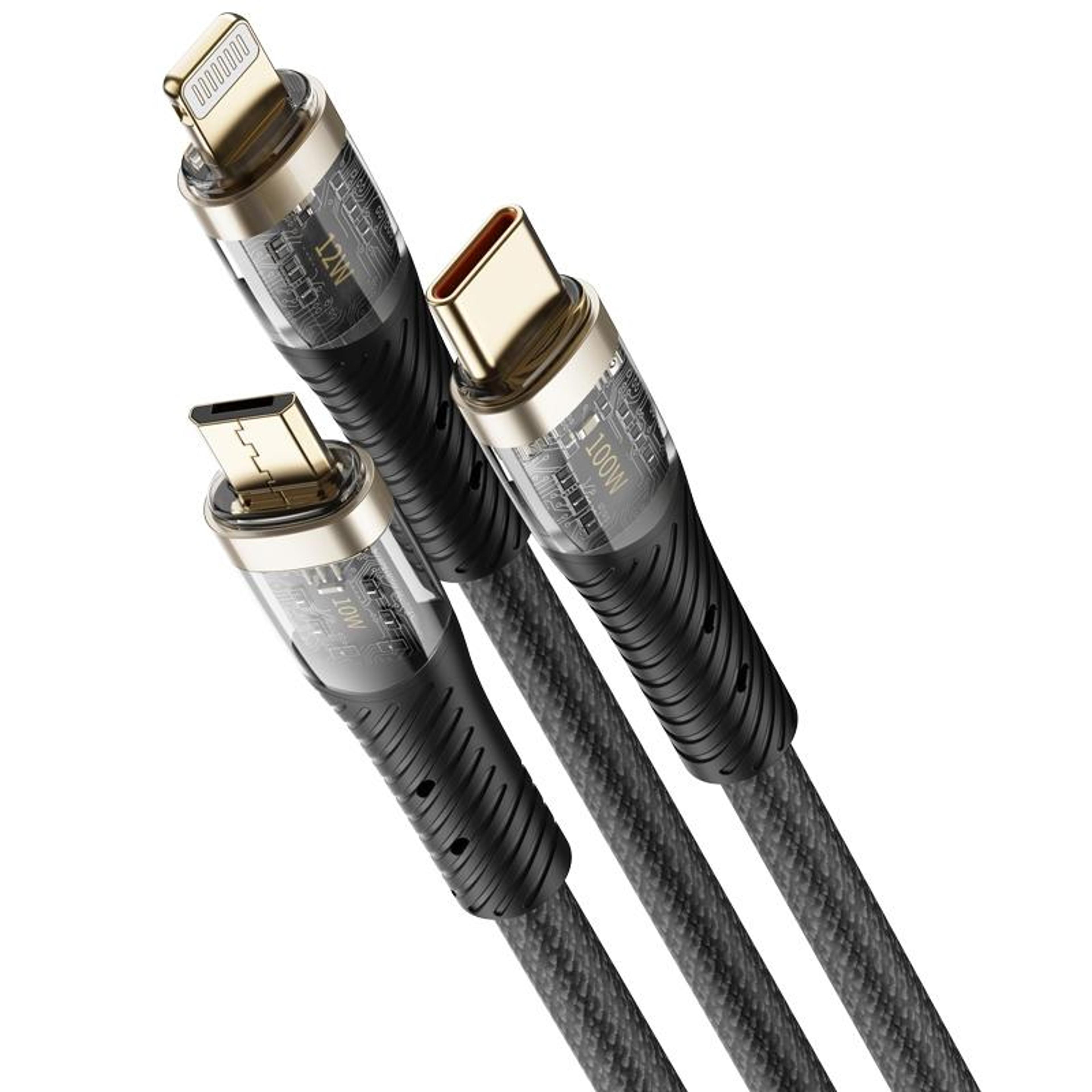 rock g20 100w fast charging 3-in-1 usb-c cable for iphone, android & micro usb devices