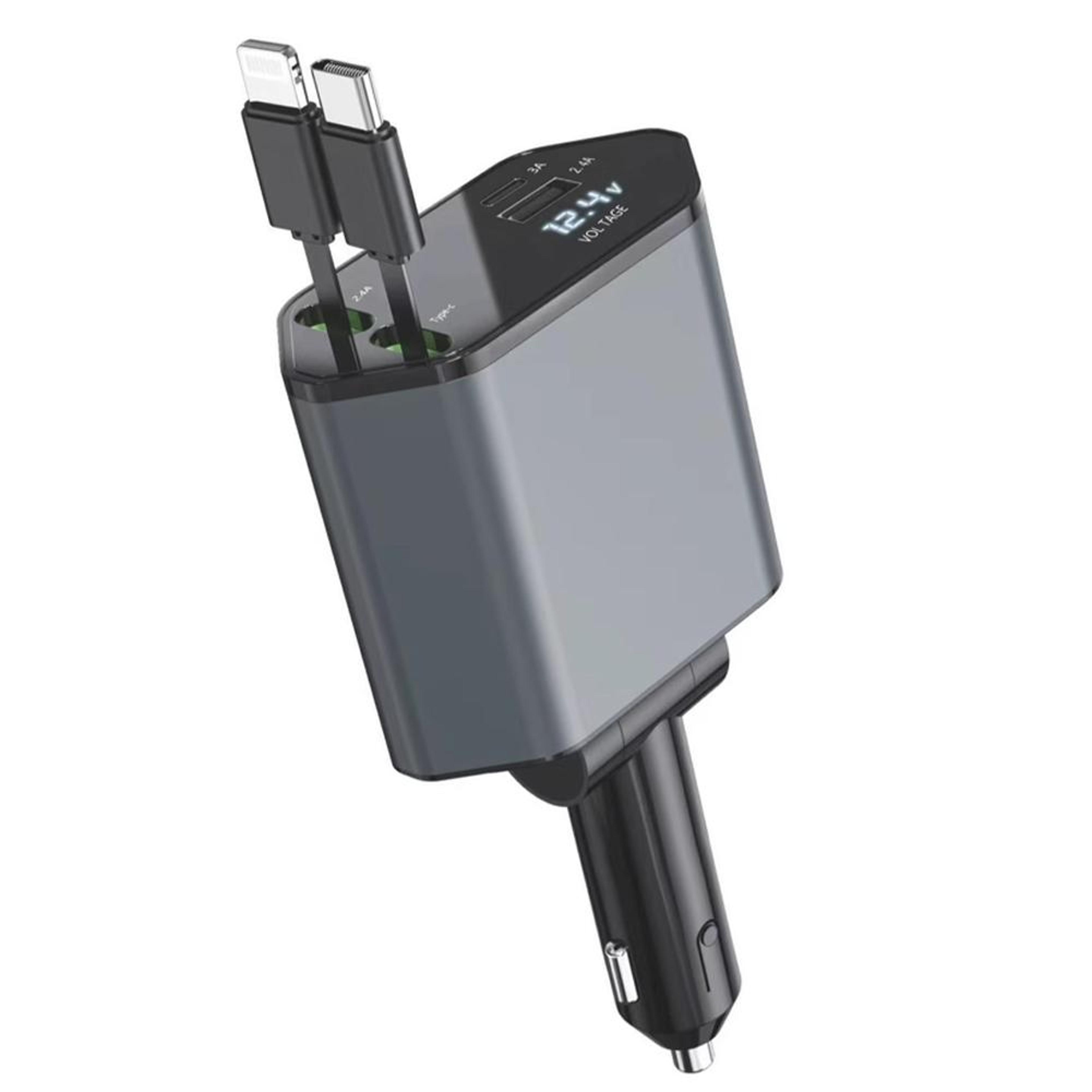 120w retractable car charger 4-in-1 fast charging adapter with digital display for iphone & usb-c devices