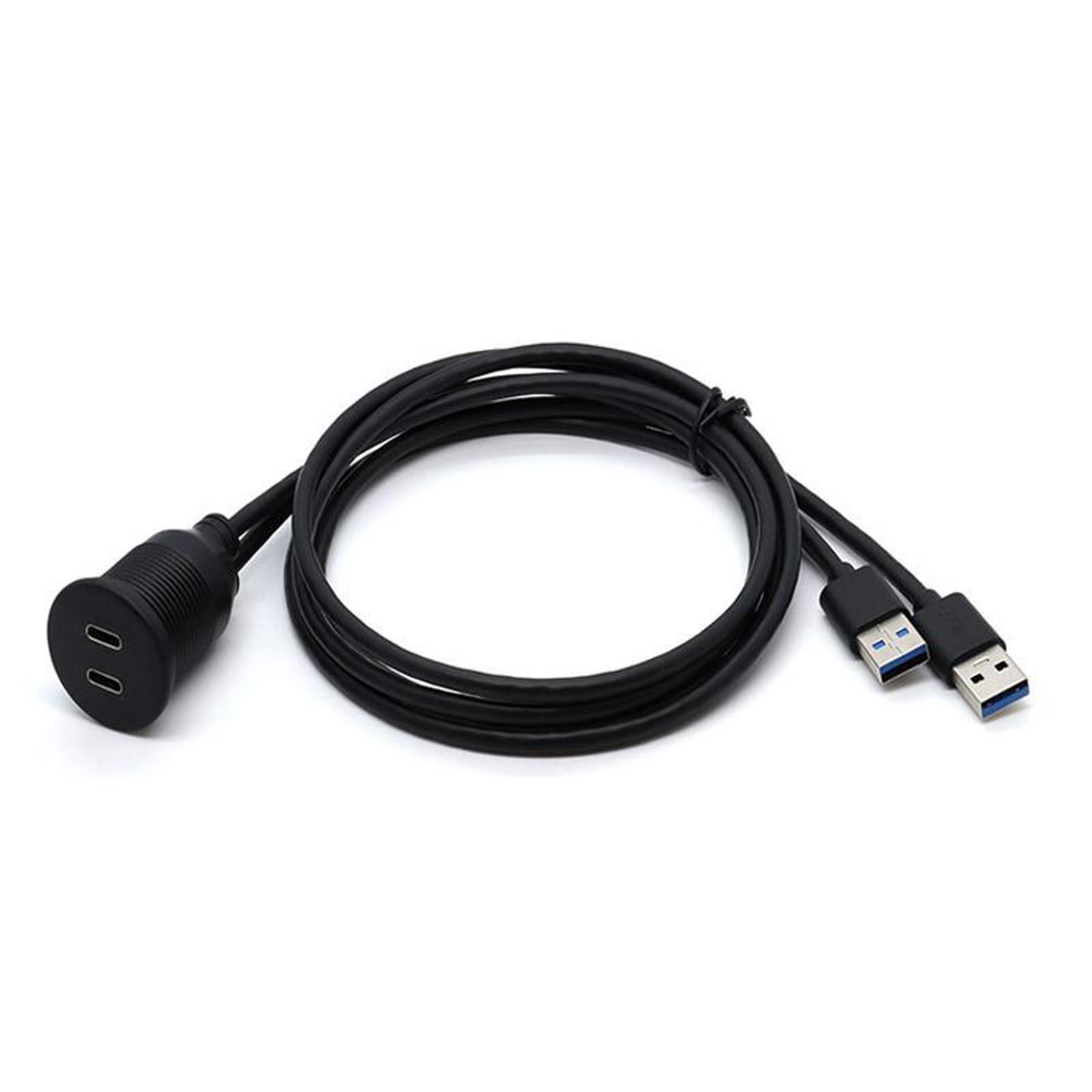 dual type-c waterproof usb panel mount extension cable for car, boat & motorcycle 1m