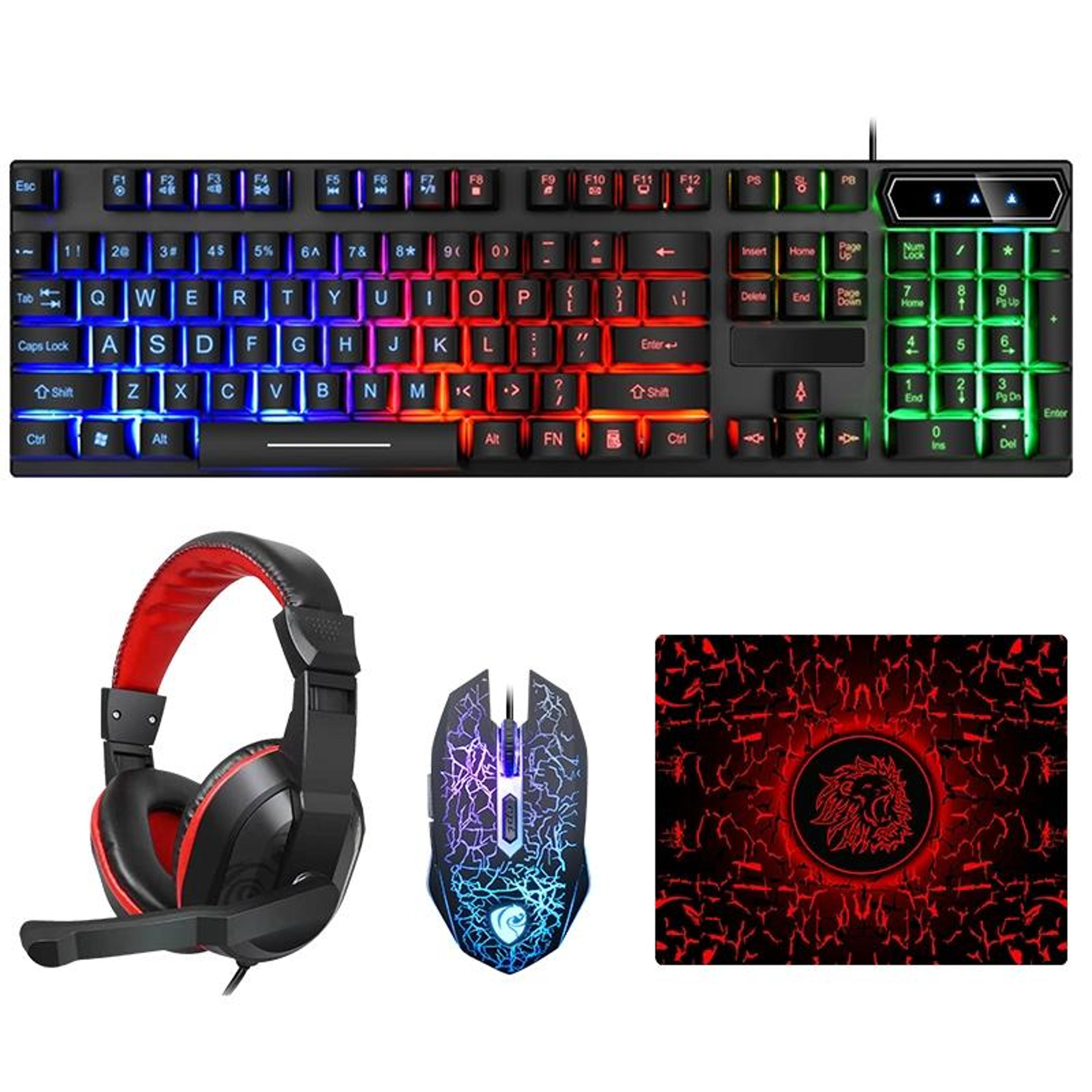 luminous gaming combo set 4-in-1 rgb keyboard, 3600 dpi mouse, headset & mouse pad