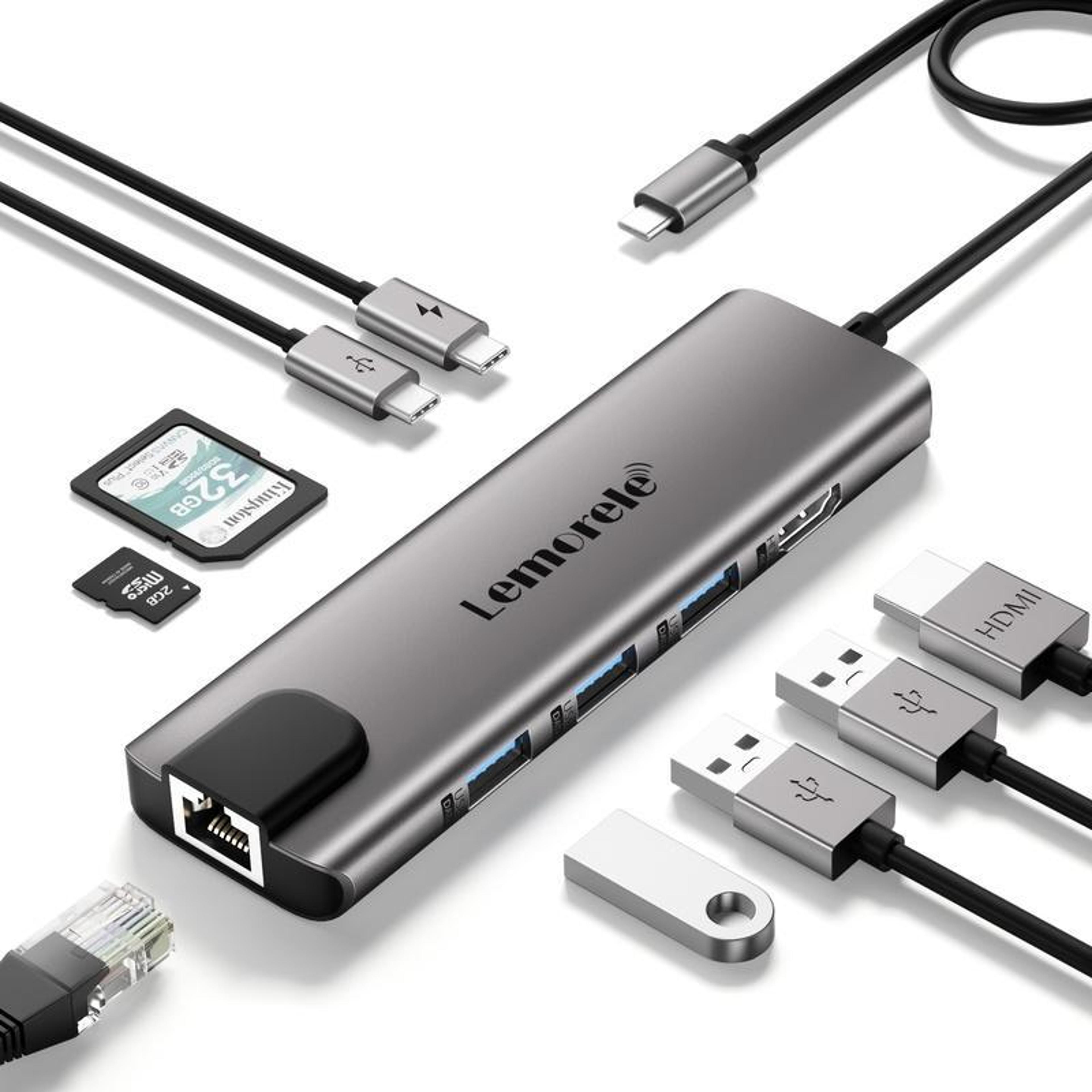 lemorele 9-in-1 usb c docking station with 4k hdmi, gigabit ethernet & 100w pd charging