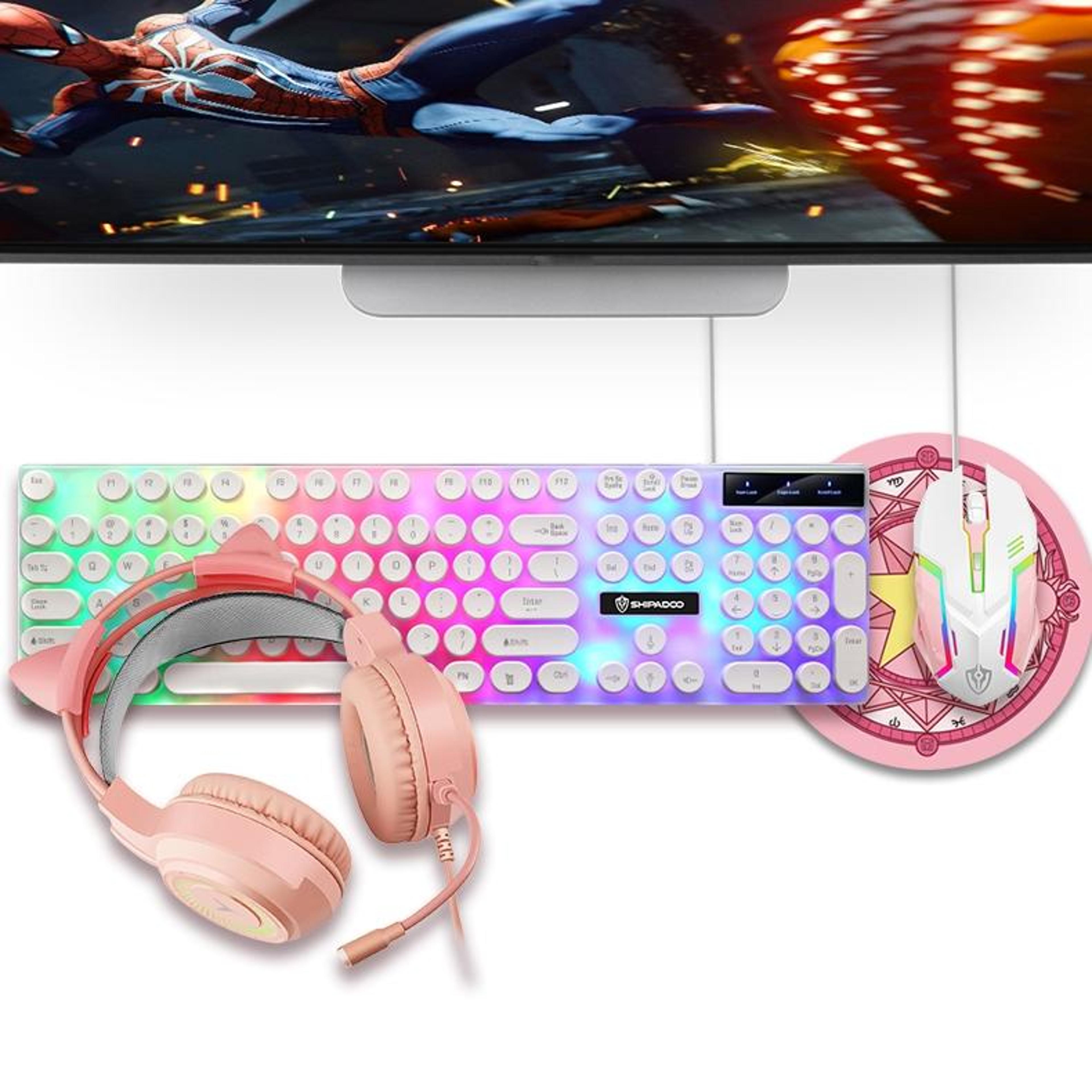 shipadoo pink rgb gaming keyboard and mouse combo set with headset & mouse pad