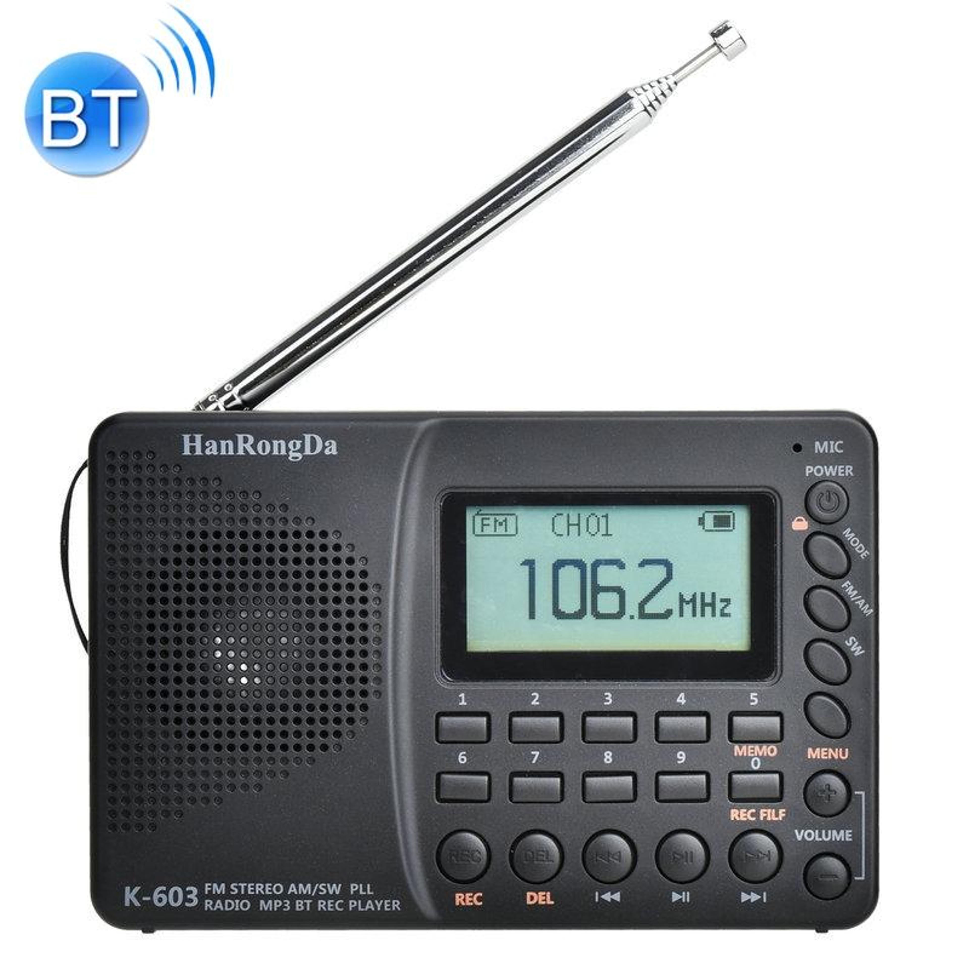 k-603 portable full band radio with bluetooth 5.0, tf card mp3 player & 440 presets