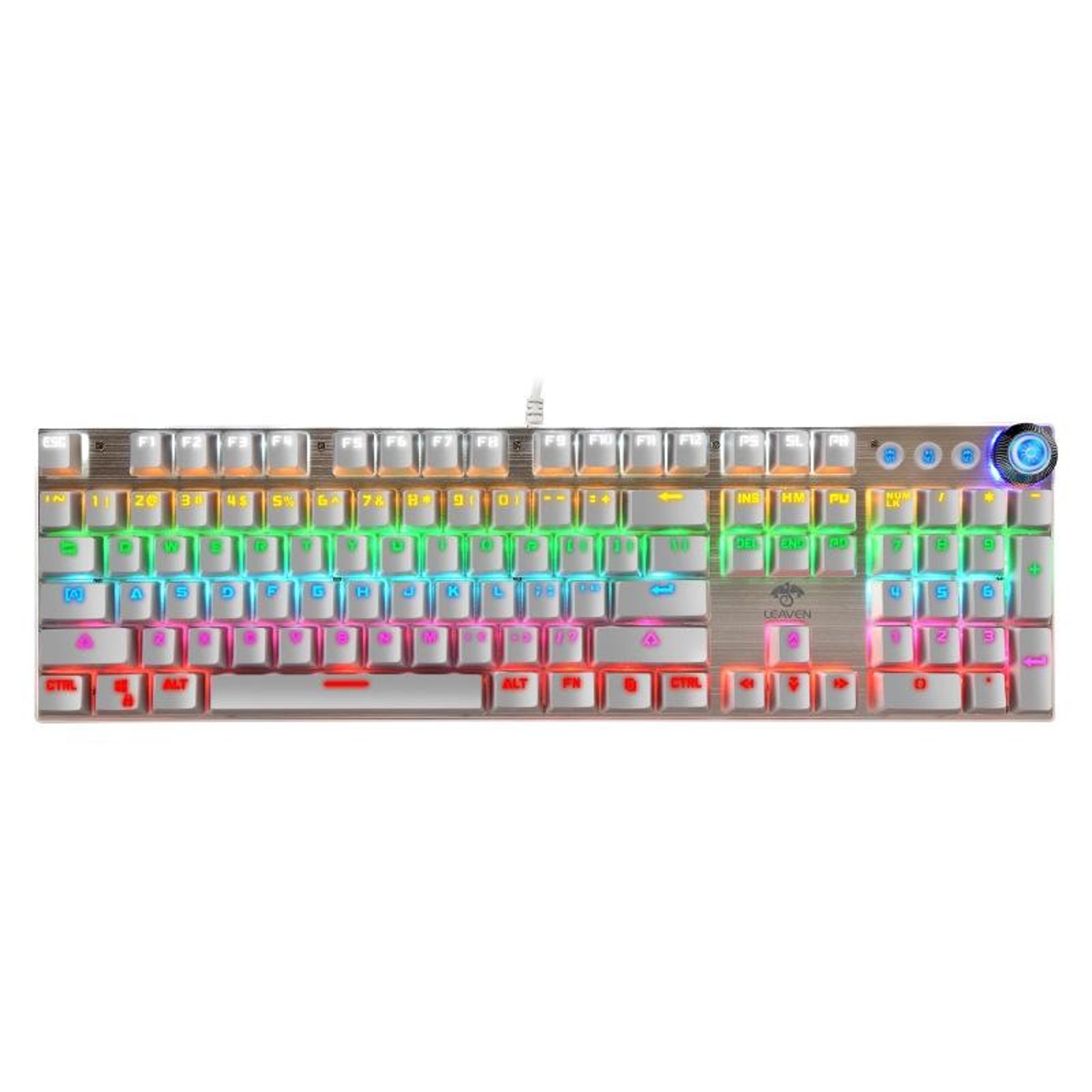 leaven k990 rgb mechanical gaming keyboard with volume knob, 104-key green switch wired keyboard
