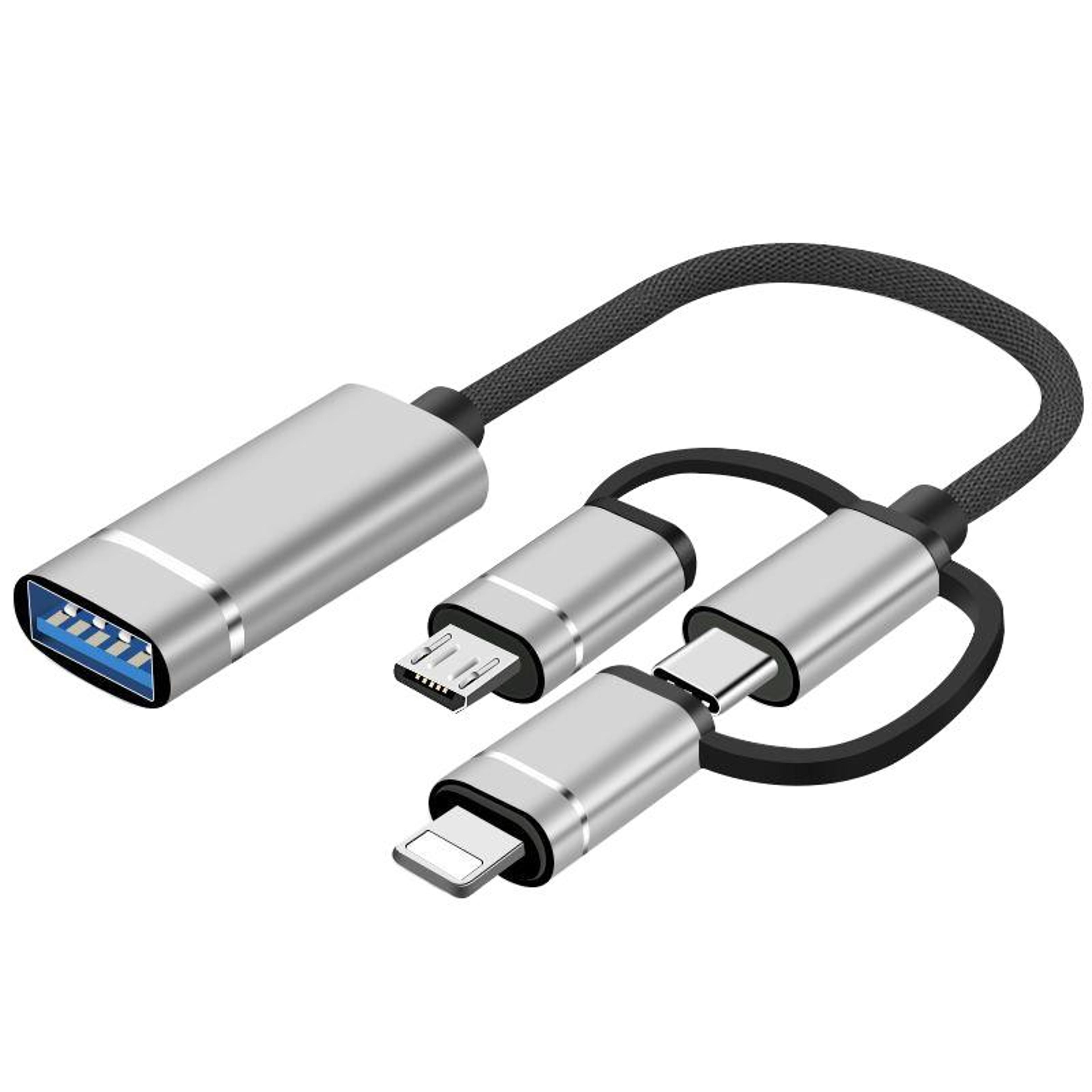 3 in 1 otg usb adapter for iphone type c and micro usb flash drive reader