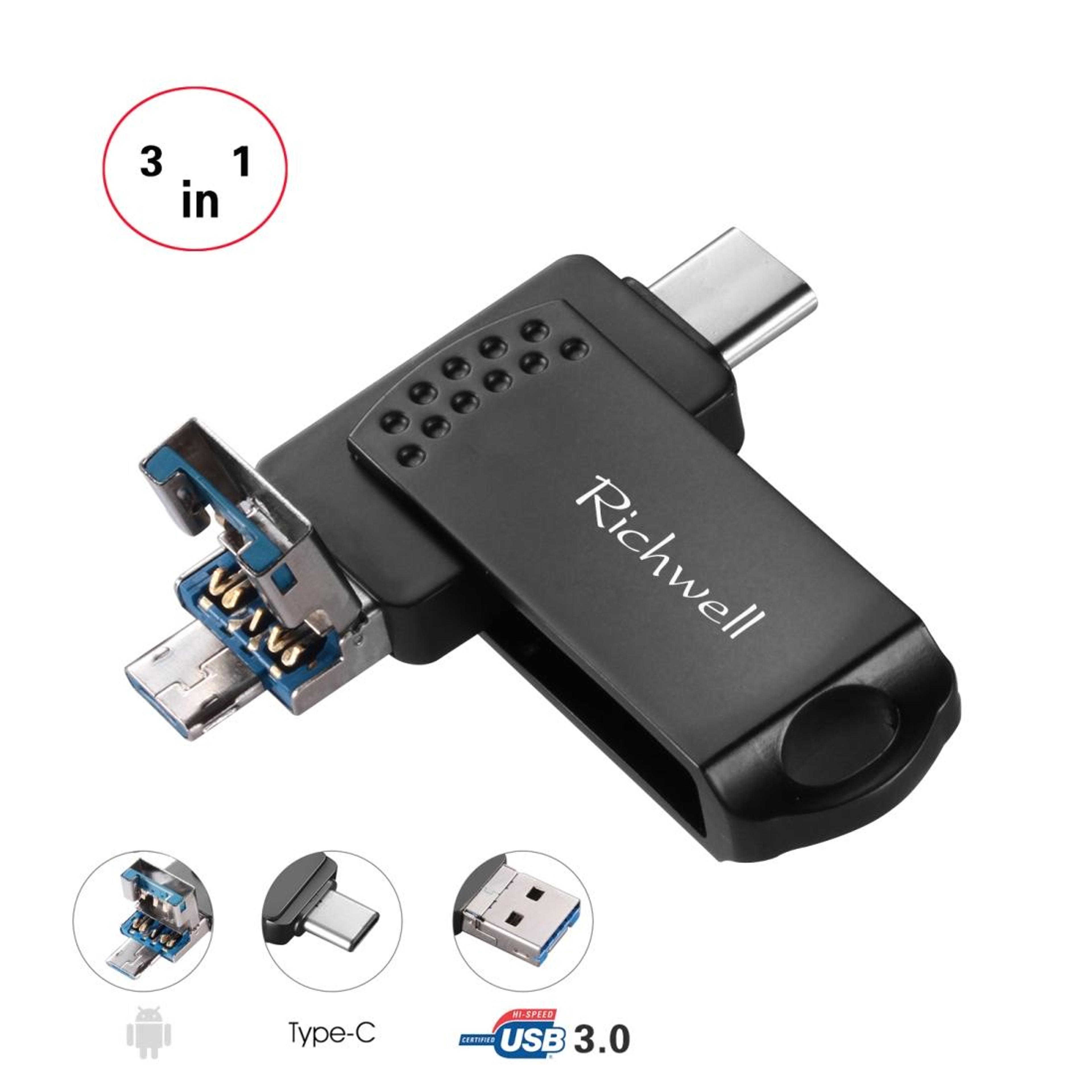 richwell 64gb 3 in 1 usb flash drive otg type c metal memory stick