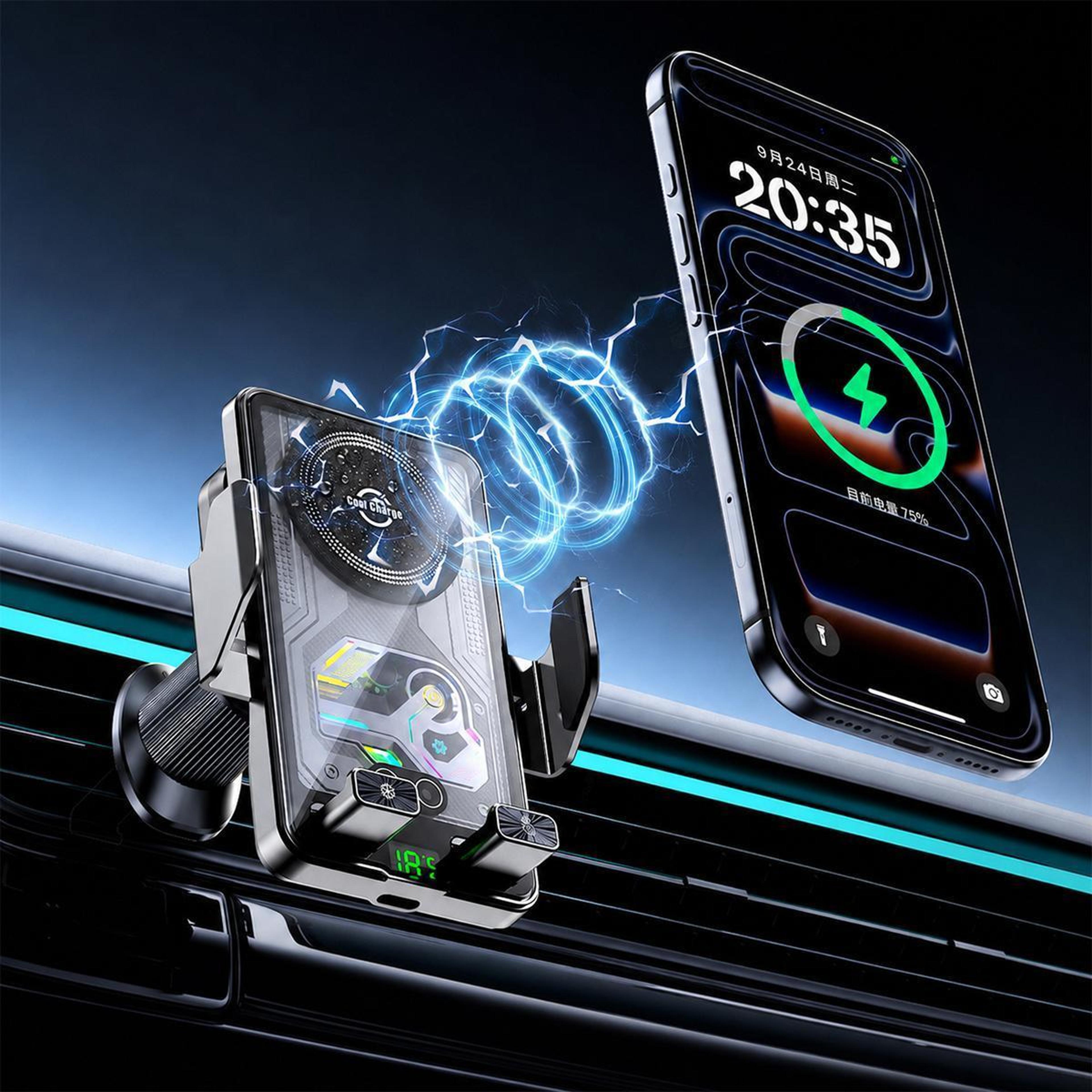 a8 cooling wireless car charger magnetic car phone holder with 15w fast charging display