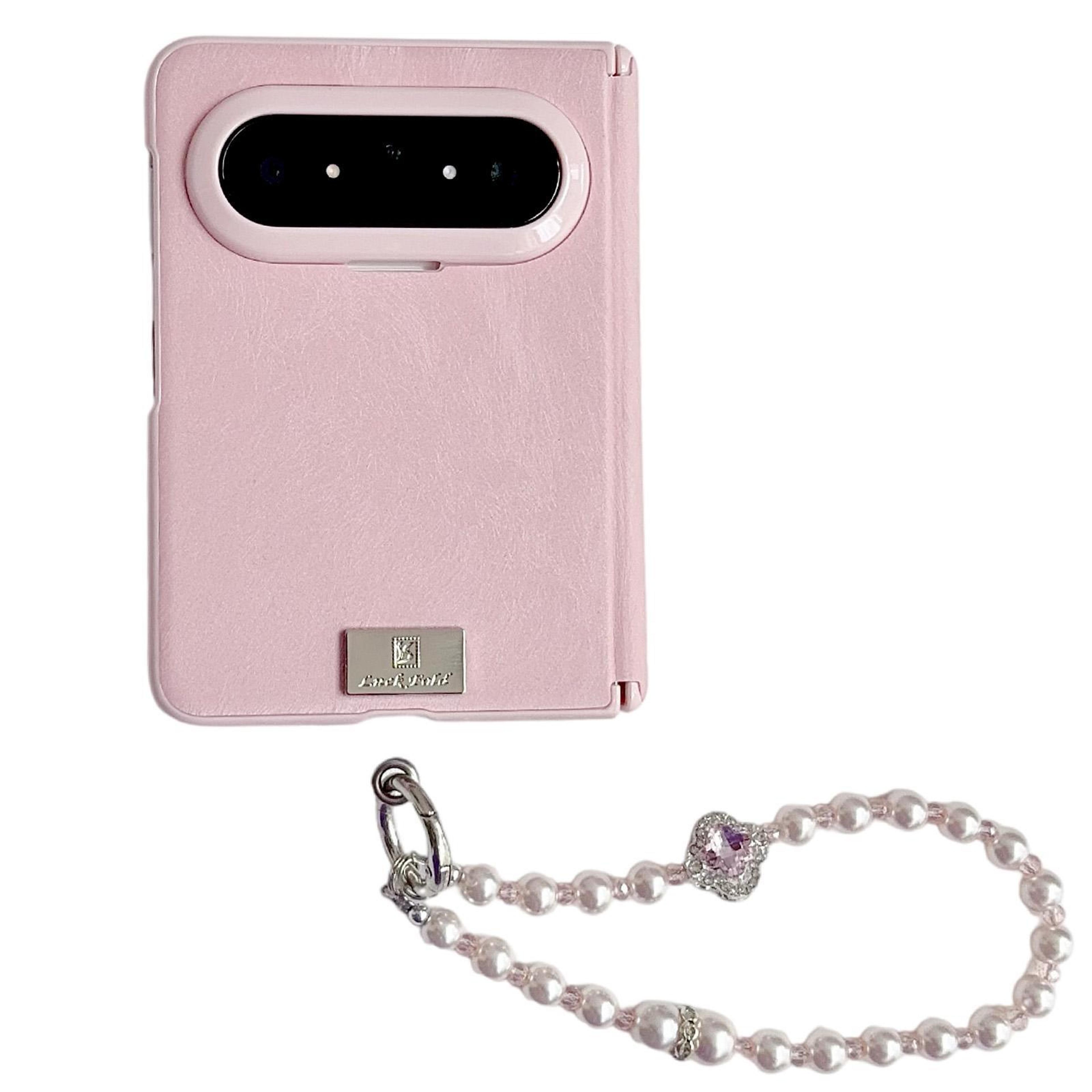 huawei pura x max magnetic leather texture foldable phone case with wrist strap pink