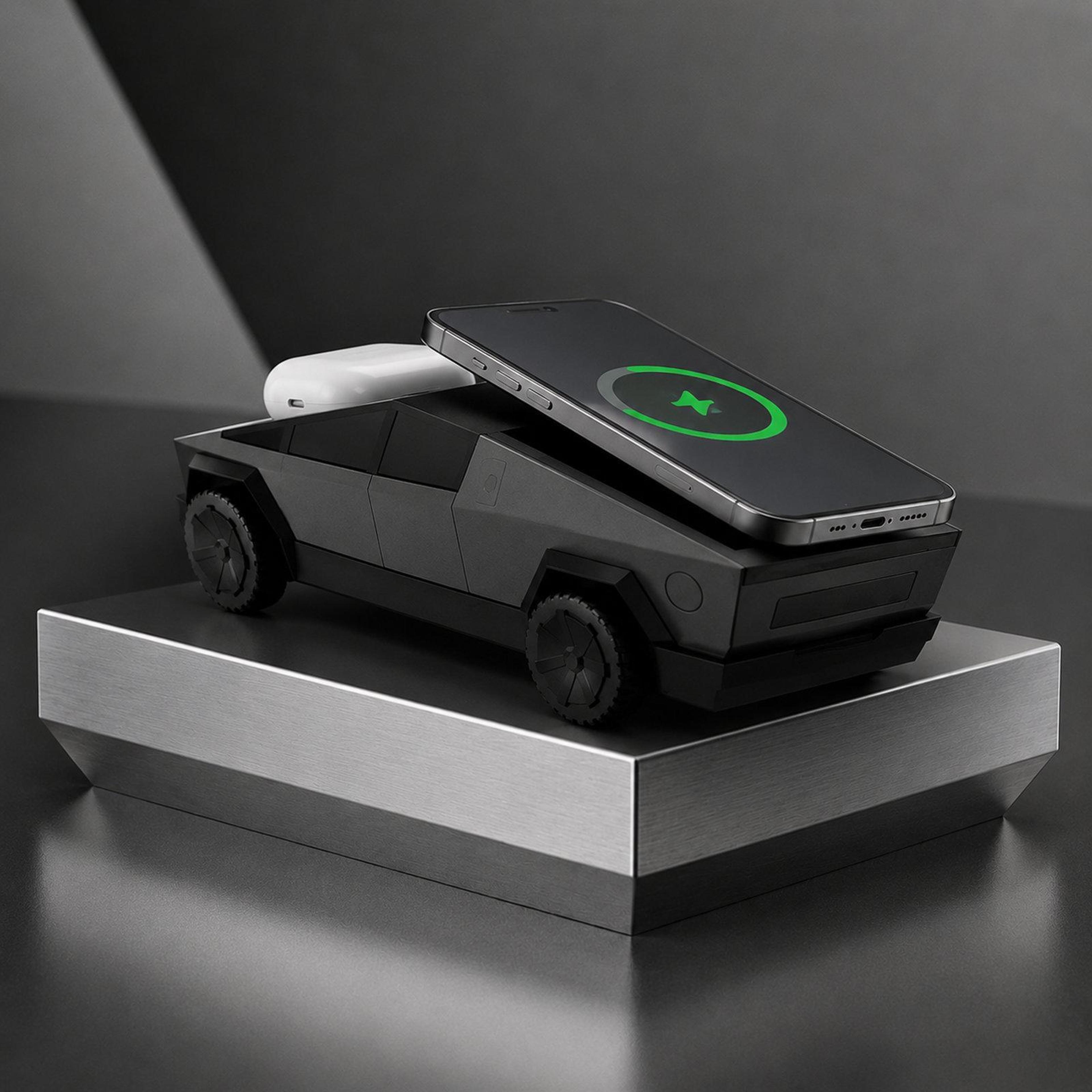cybertruck style 3-in-1 magnetic wireless charging station with rotating fast charging dock for phone, watch & earbuds