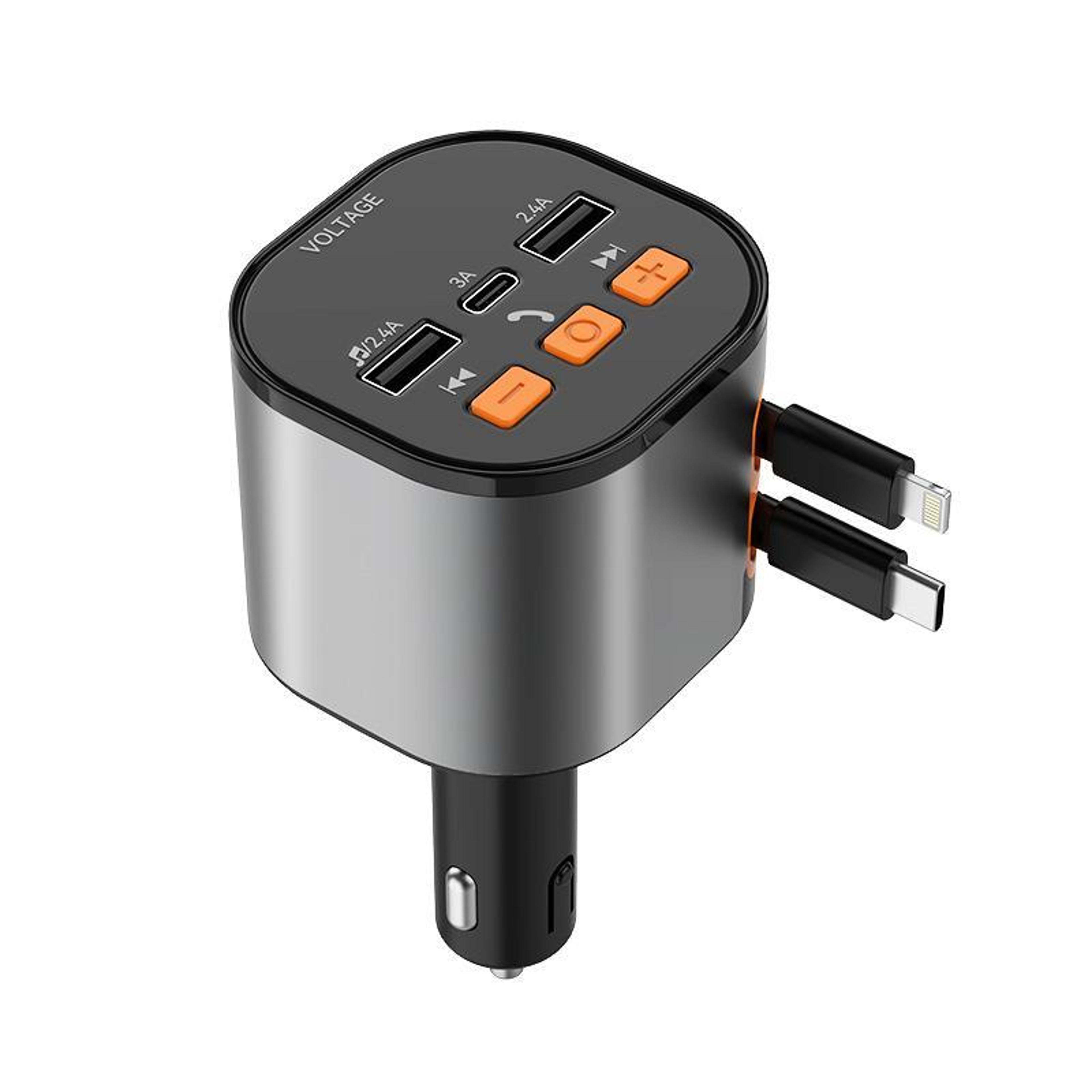 5 in 1 pd fast charger bluetooth fm transmitter usb c car charger with retractable lightning cable
