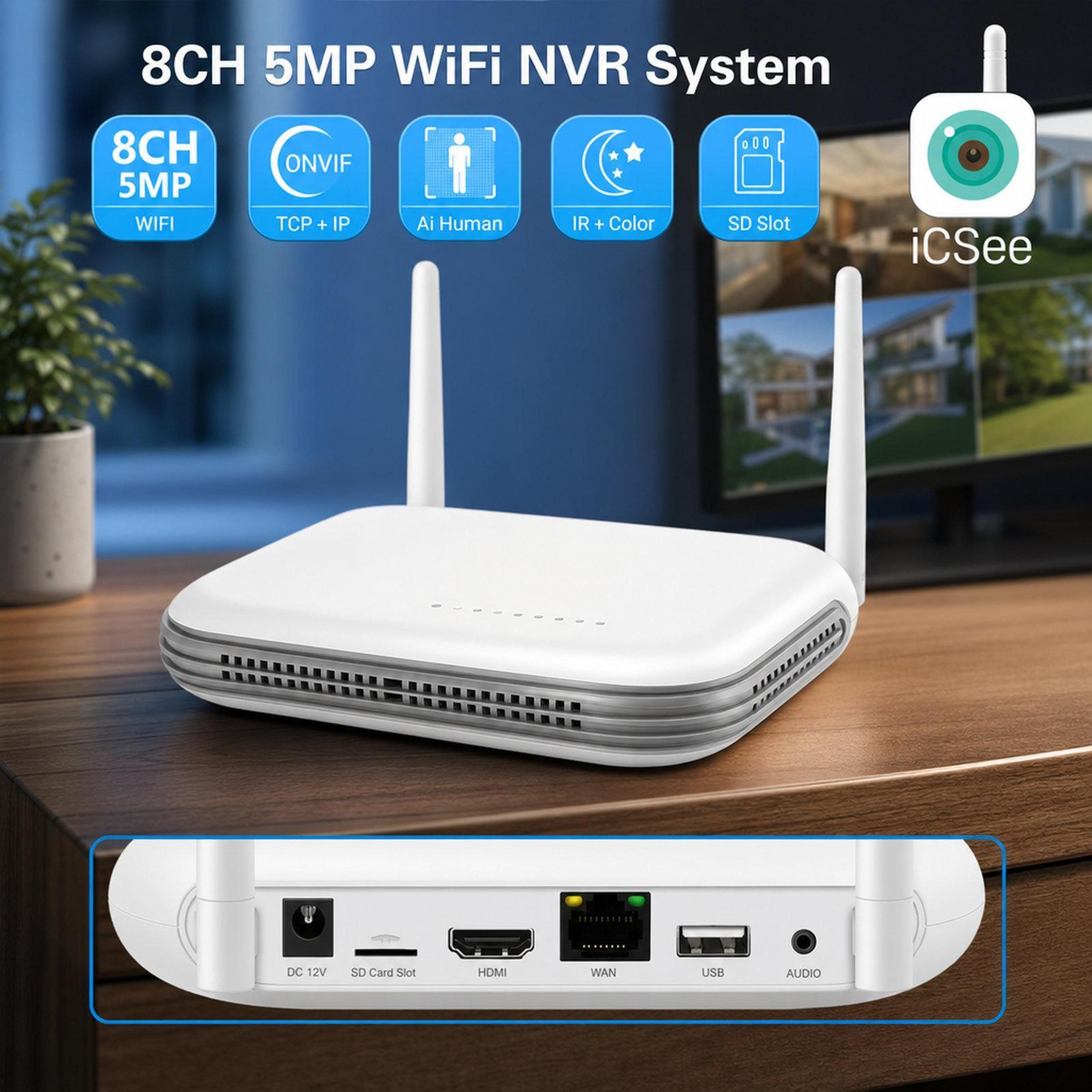8 channel wireless nvr system 5mp wifi network video recorder with h.265+ and dual storage
