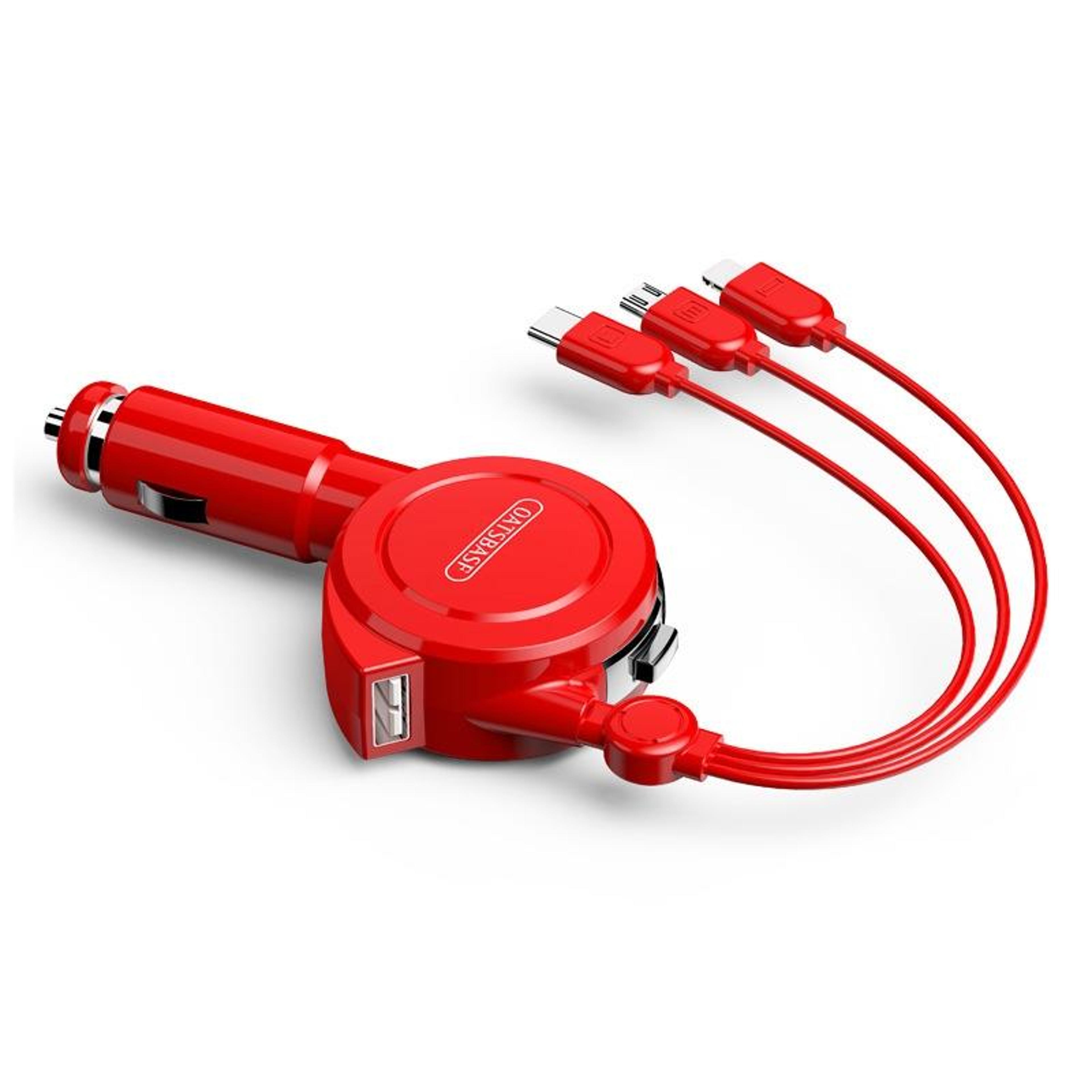 oatsbasf 3 in 1 car charger with retractable charging cable for iphone android and usb c devices red 1m