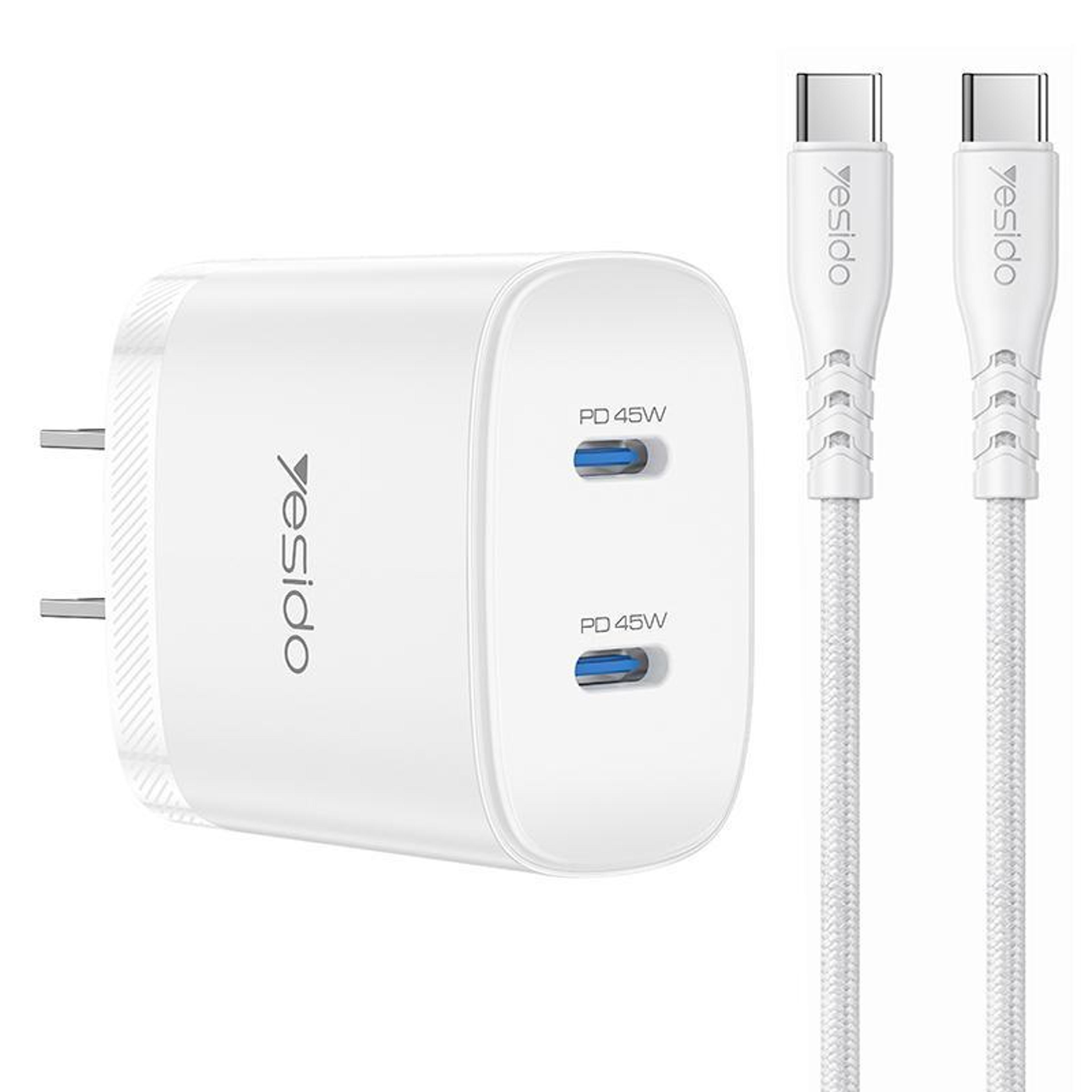 yesido 45w pd charger dual usb-c fast charging adapter kit with usb-c cable us plug