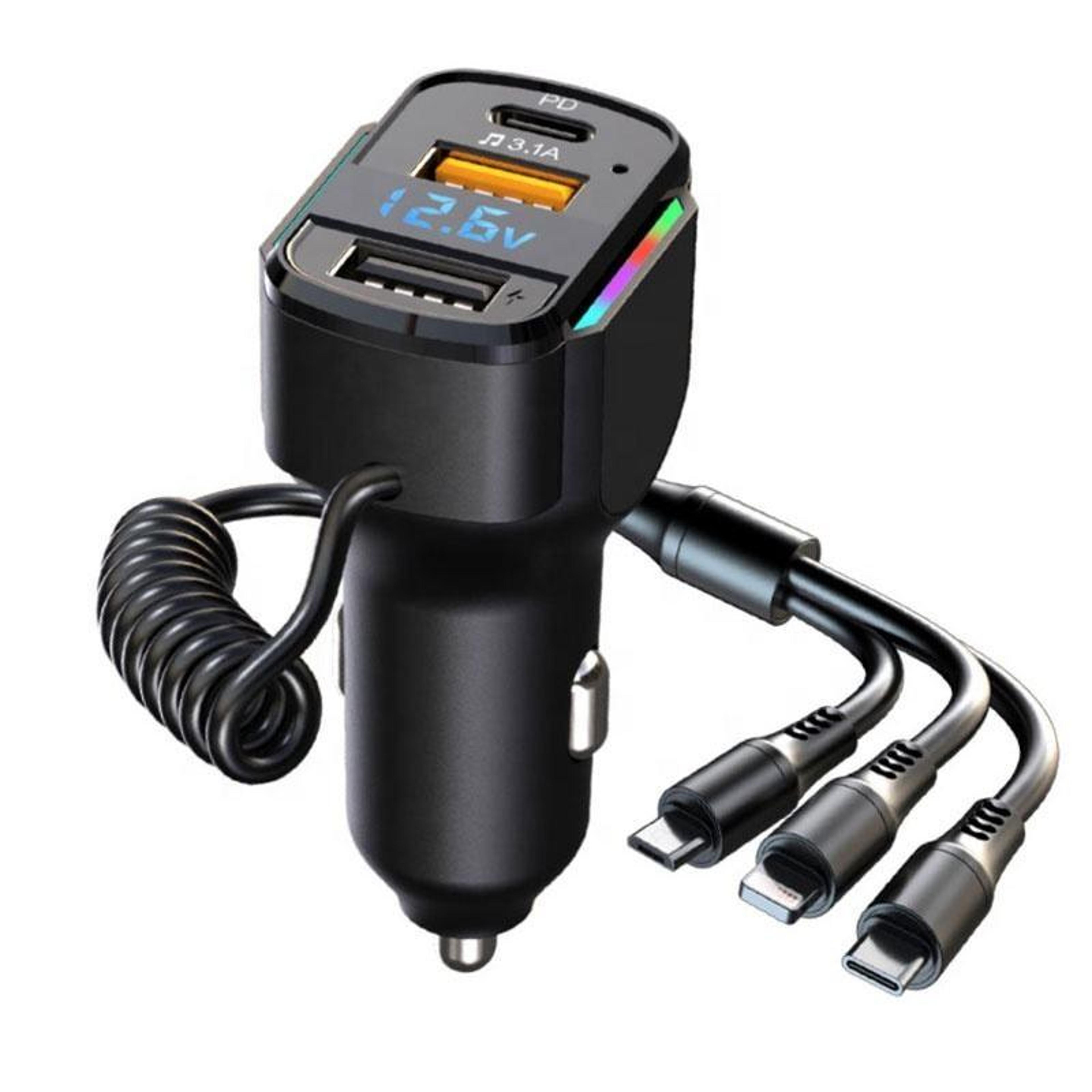 k4 car fast charger 3 in 1 pd car charger with dual usb ports and spring charging cable