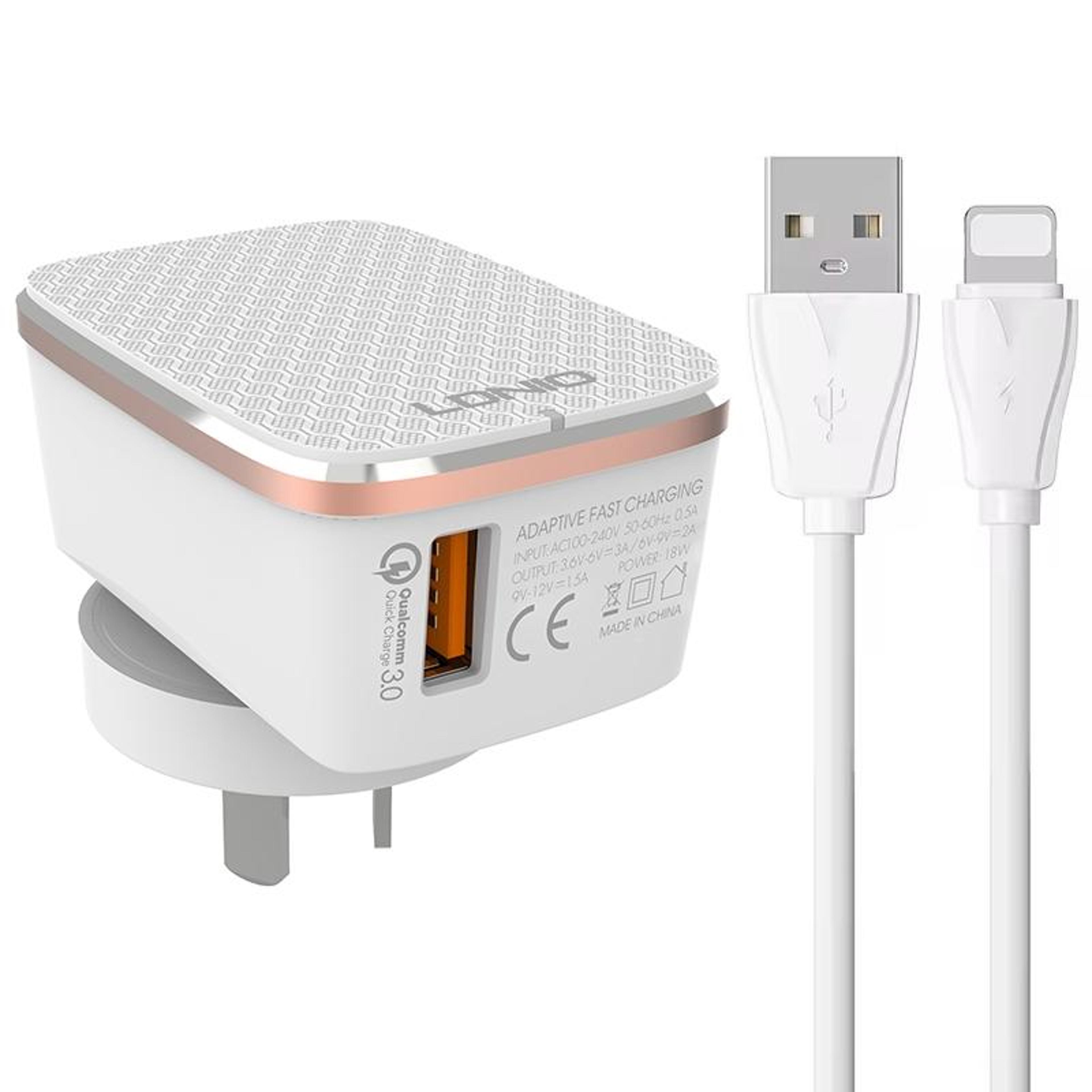 ldnio a1204q 18w fast charger with qc3.0 usb charger and 1m lightning cable us plug