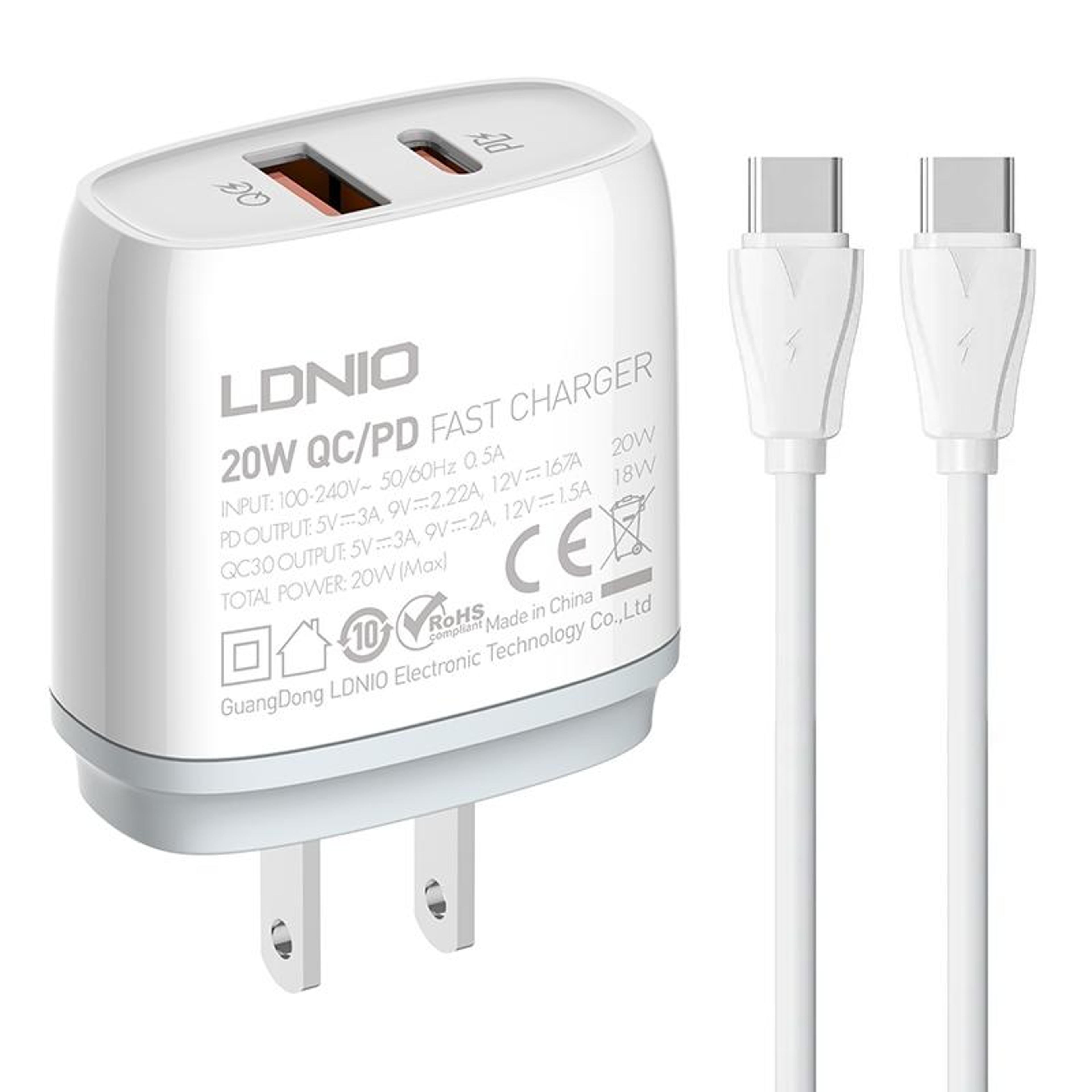 ldnio q229 20w usb c fast charger with pd qc3.0 wall charger and 1m type c cable us plug