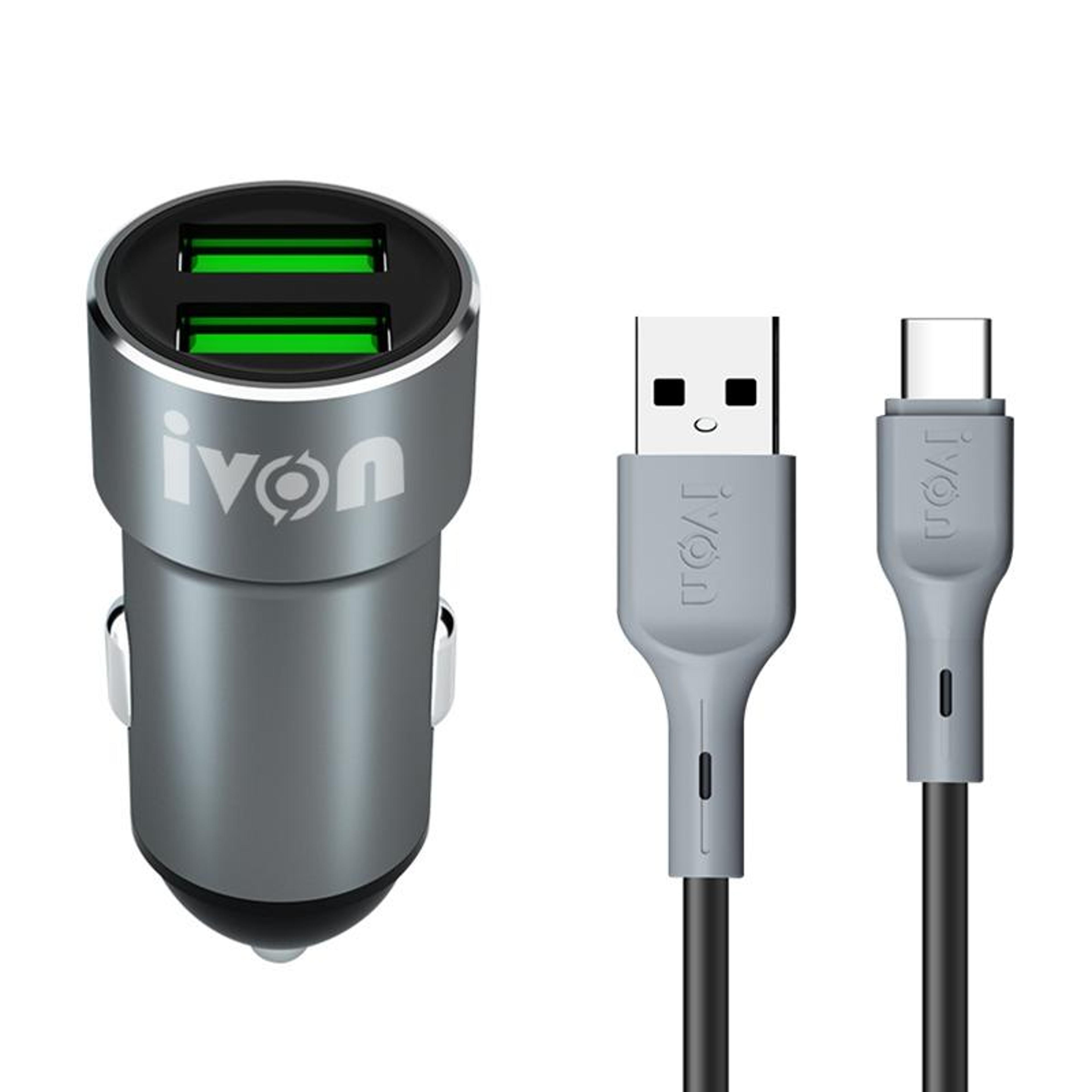 ivon cc38 dual usb car charger with usb-c car charger cable 2.4a fast charging set