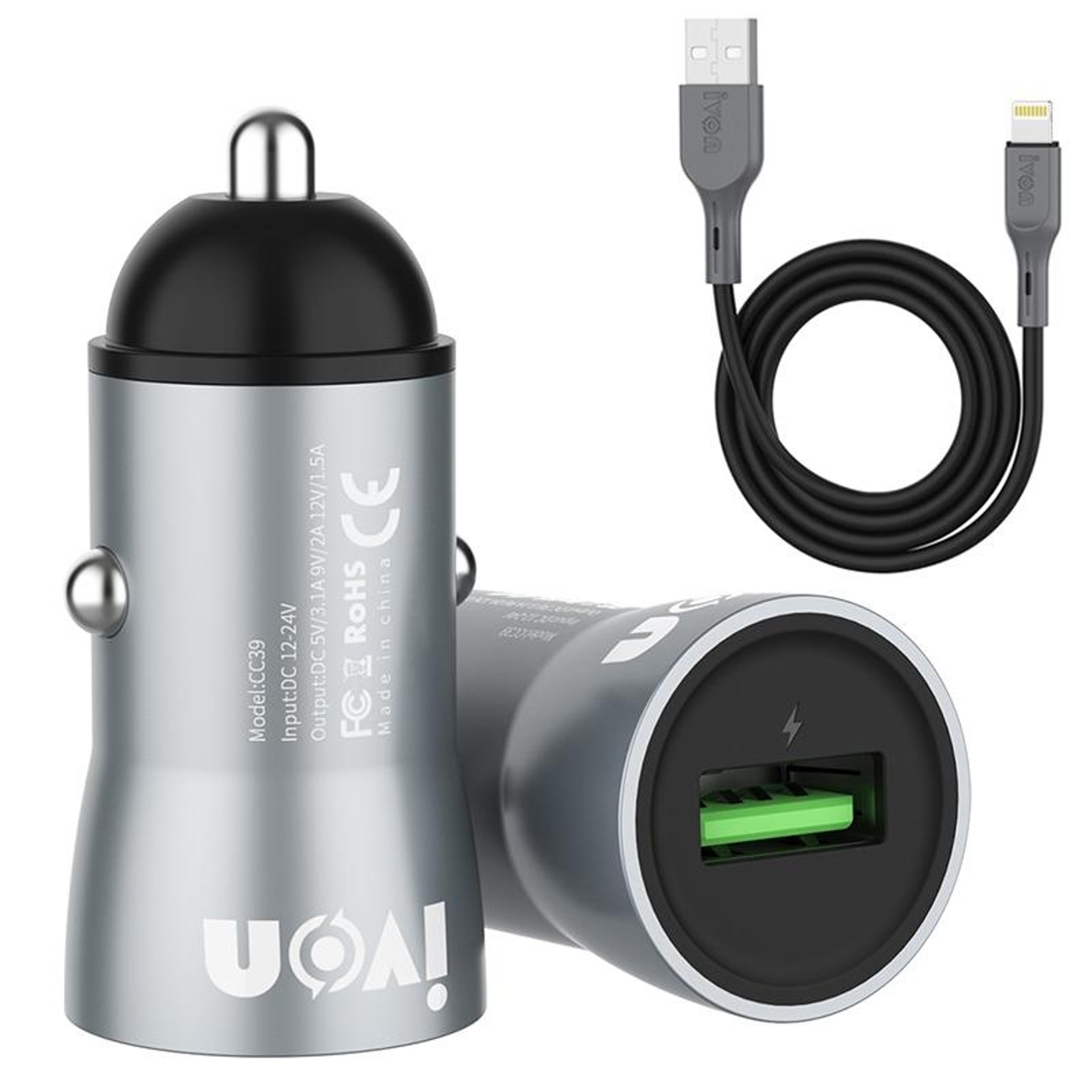 ivon cc39 qc 3.0 car charger 18w 3.1a usb fast car charger with 1m 8 pin lightning cable