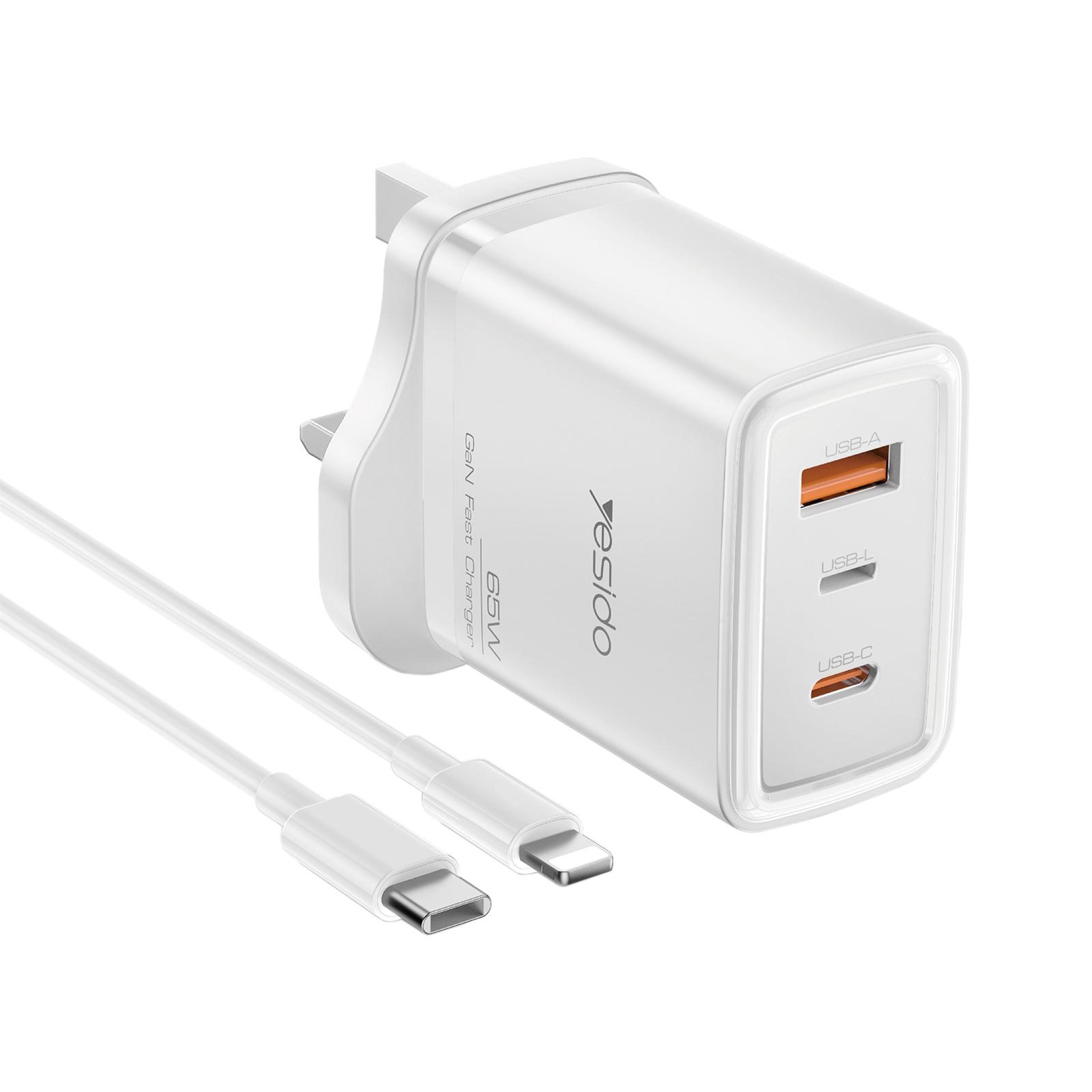 yesido yc89 65w gan charger usb c fast charger with usb and 8 pin cable