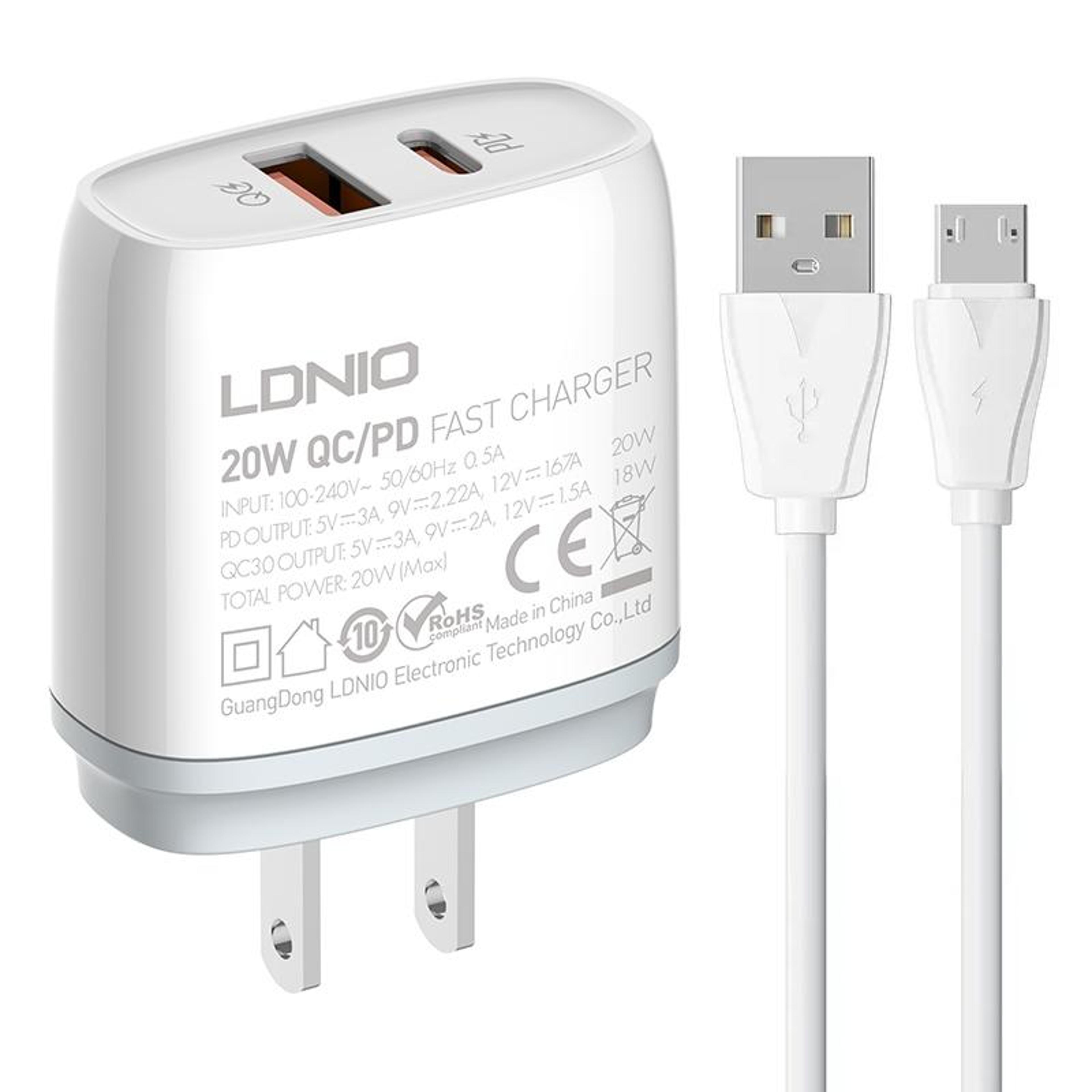 ldnio q229 20w usb c fast charger dual port pd qc3.0 wall charger with micro usb cable