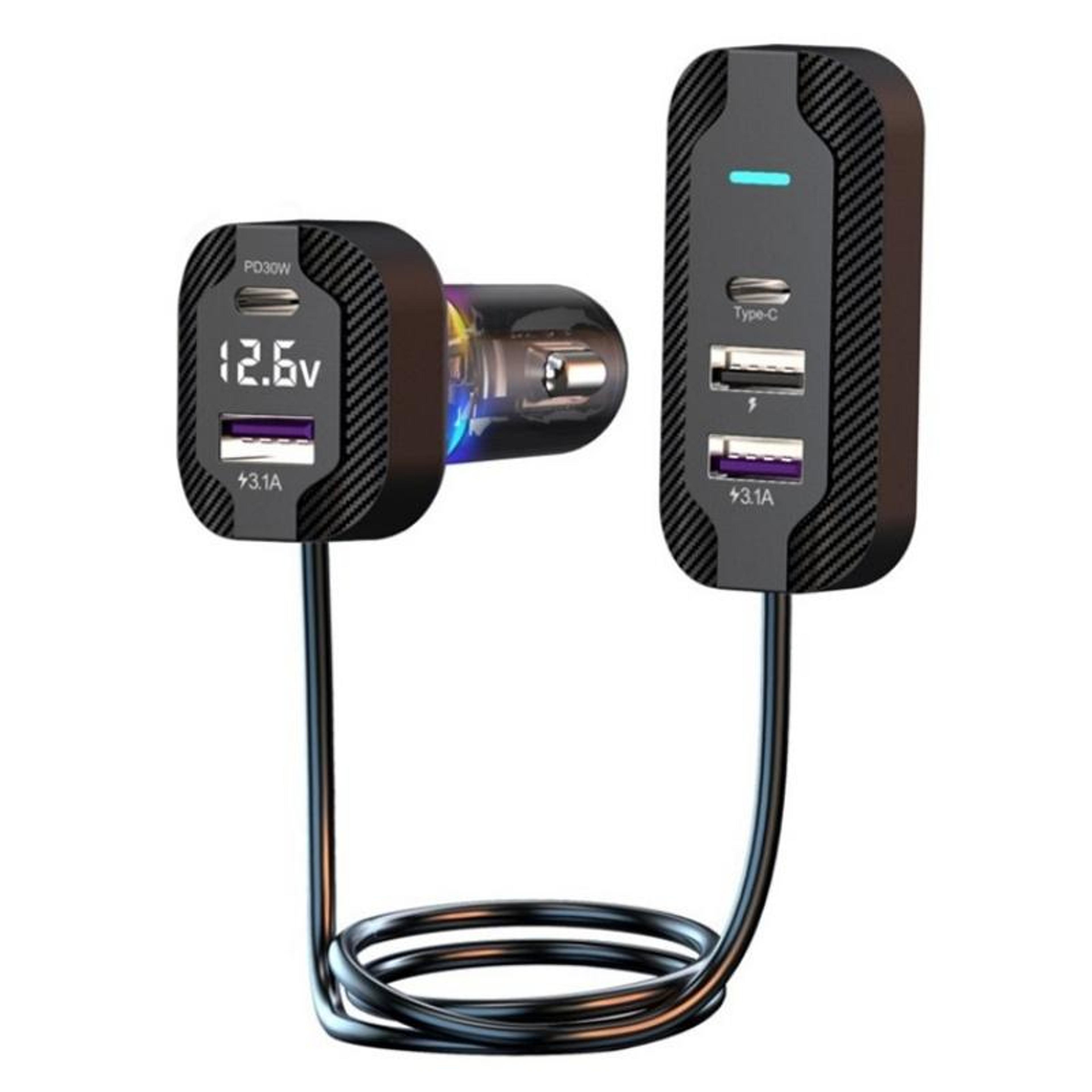 yq7 pd 30w car charger with voltage display 5 port usb c car charger and 1.5m extension cable