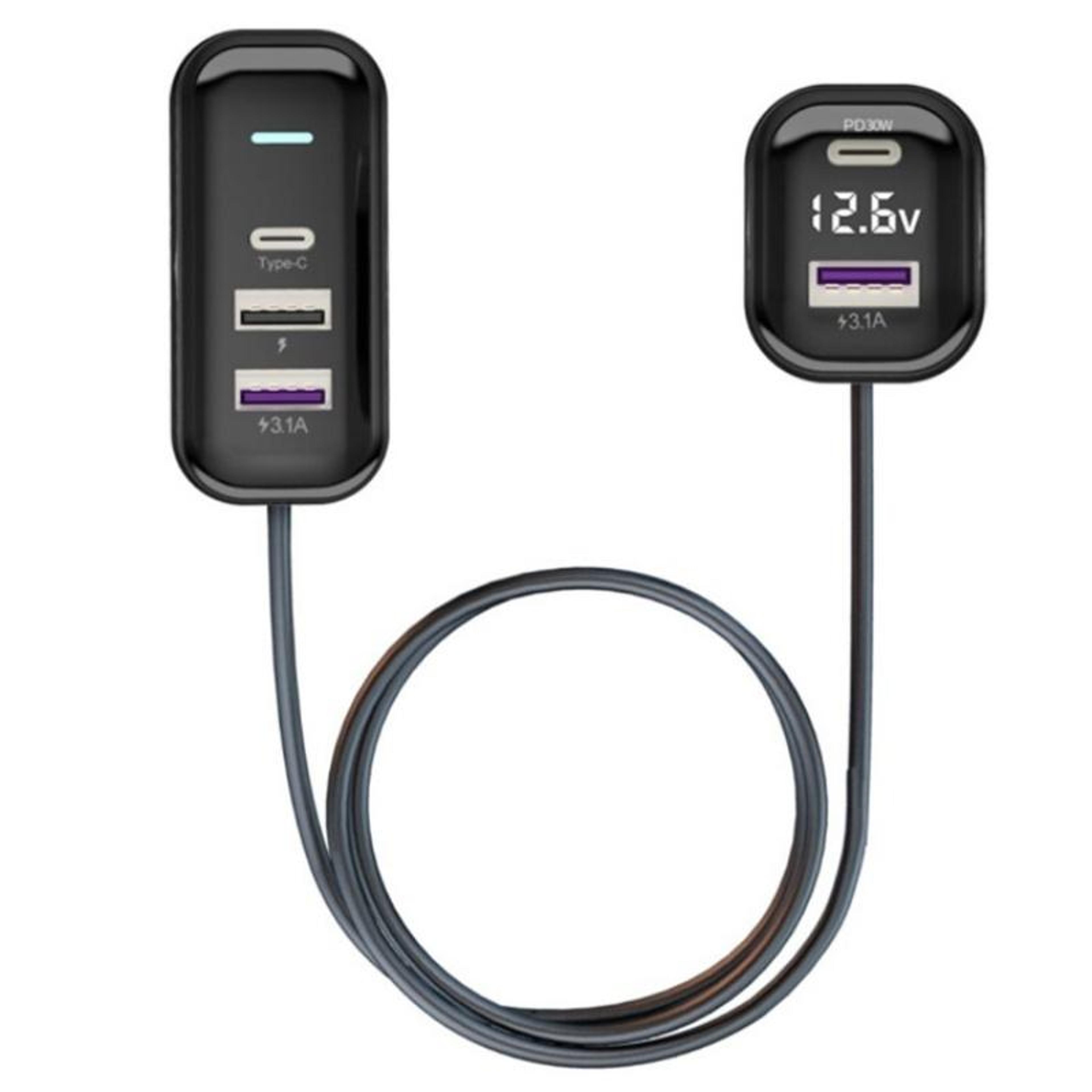 30w pd fast car charger with 5 ports type c usb extension cable and battery voltage display