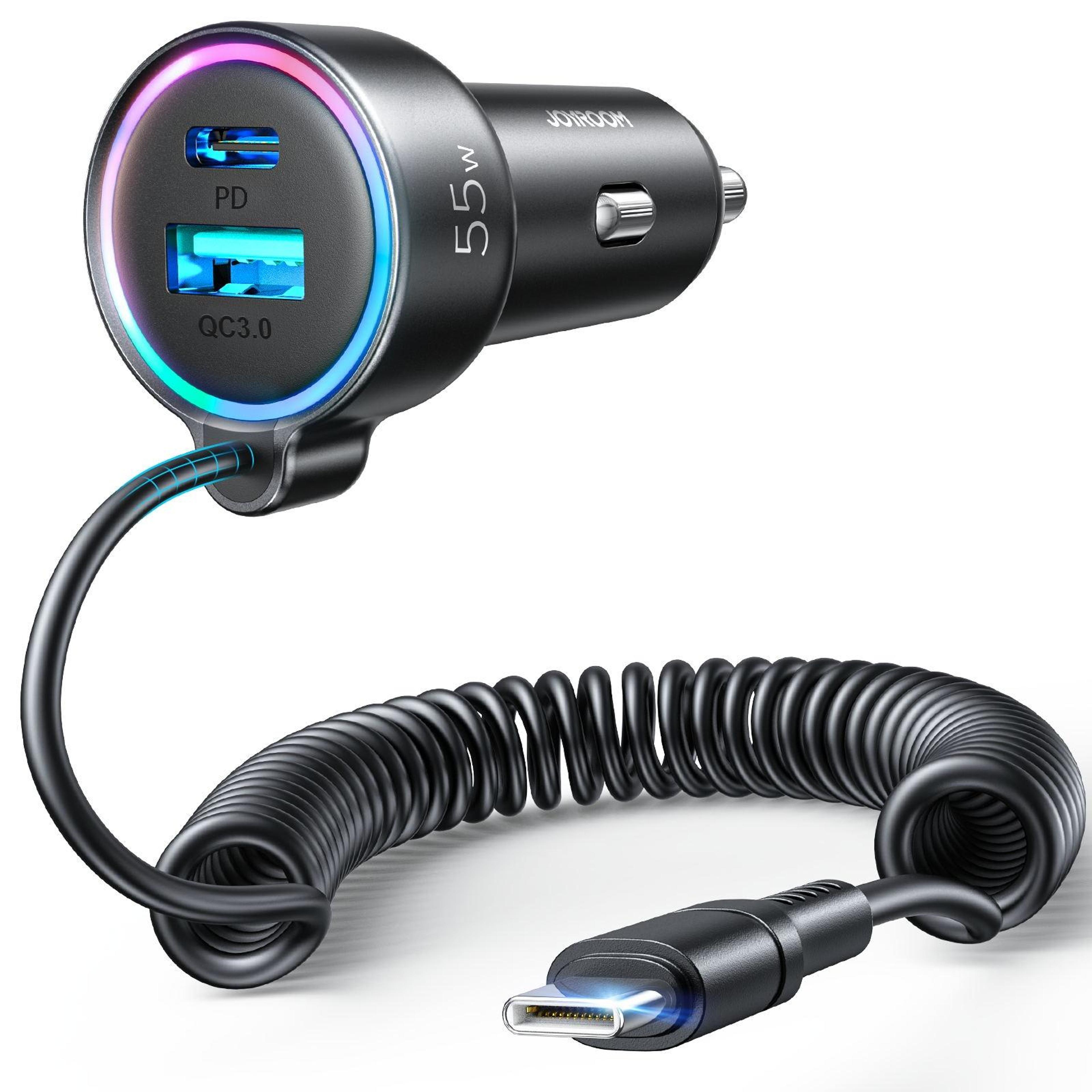 joyroom jr cl07 72w usb c car charger 3 port fast car charger with retractable type c cable
