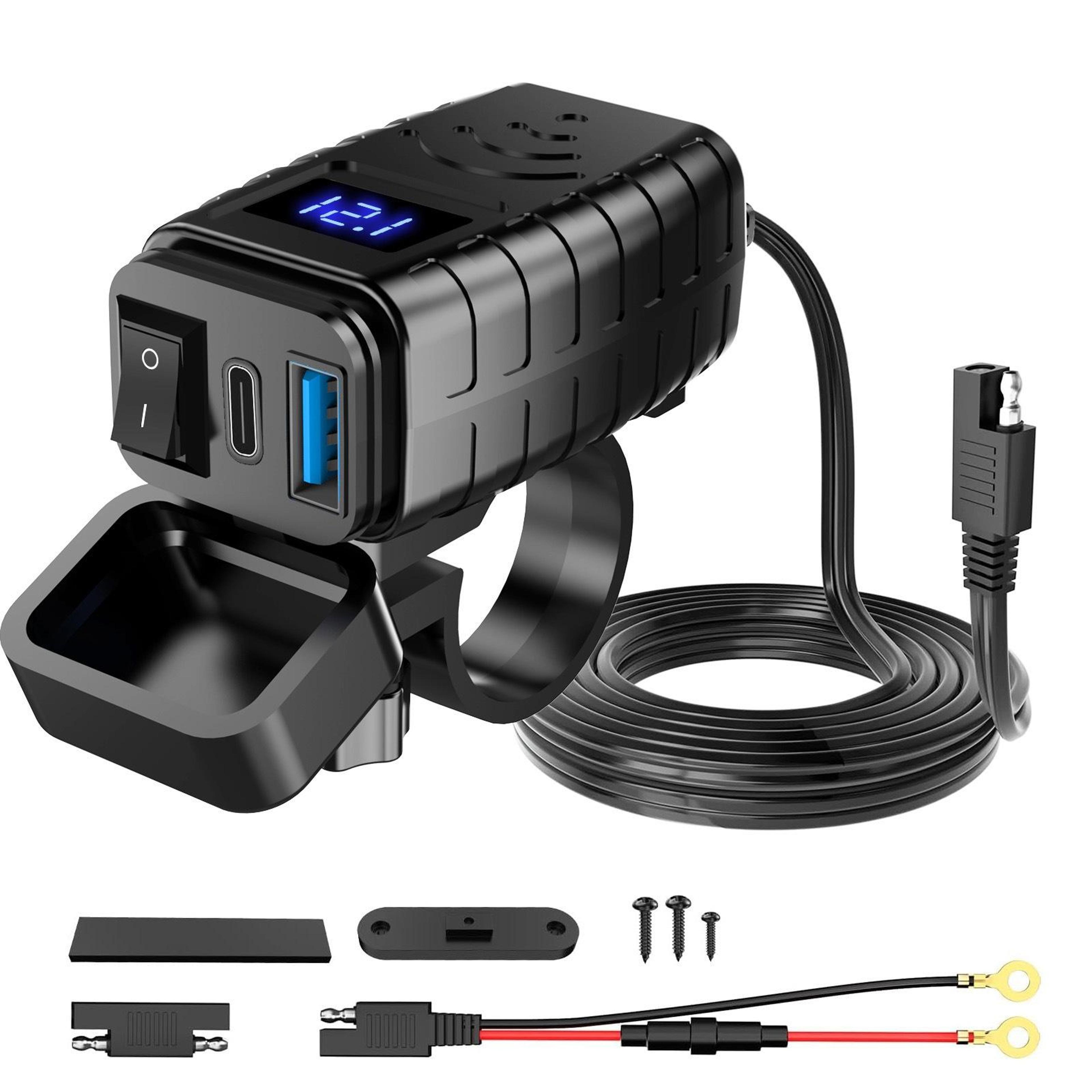 pd3.0 motorcycle usb charger with digital voltage meter, qc3.0 fast charger, waterproof dual usb 48w