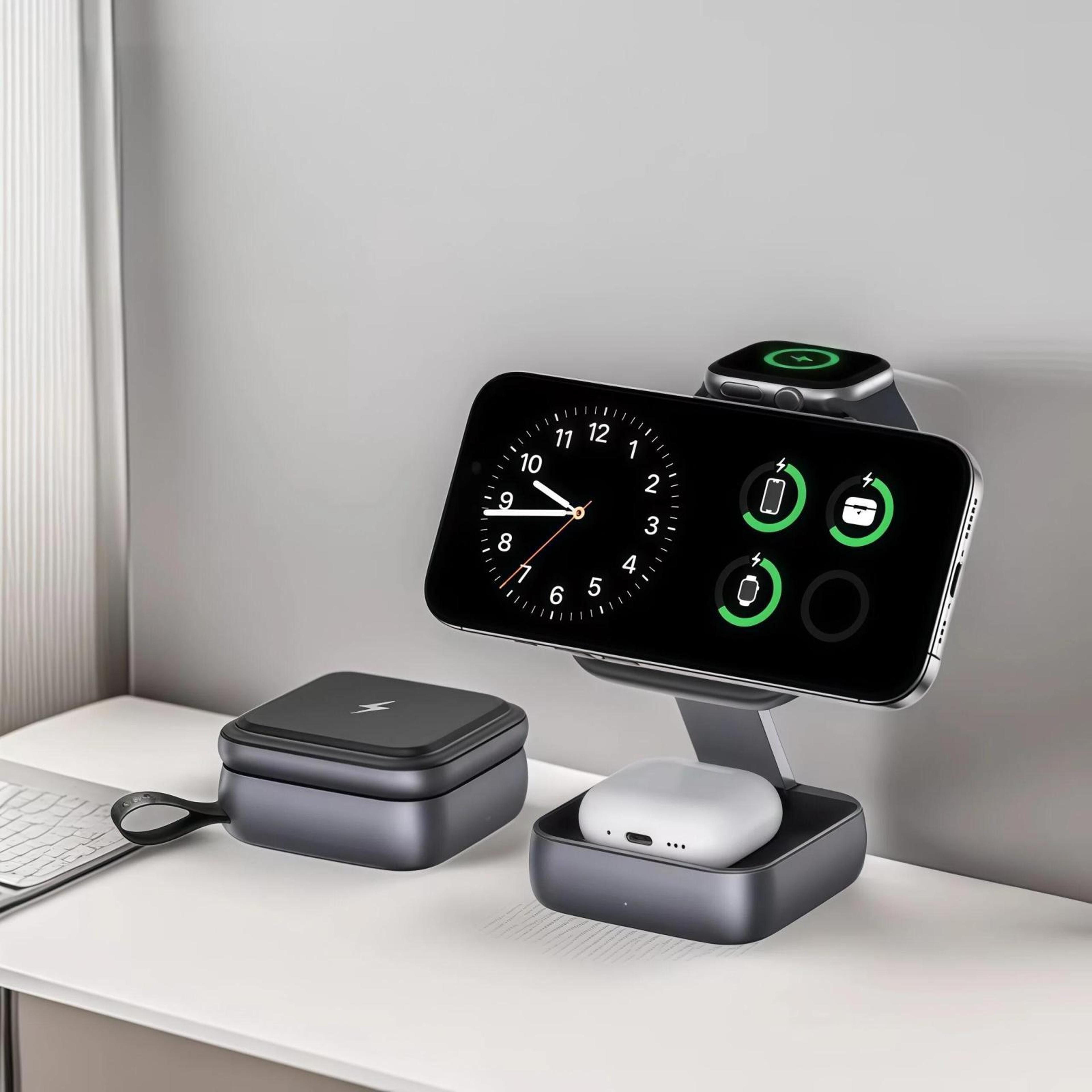 3 in 1 wireless charger magnetic foldable charging station for phone, watch and earbuds dark gray