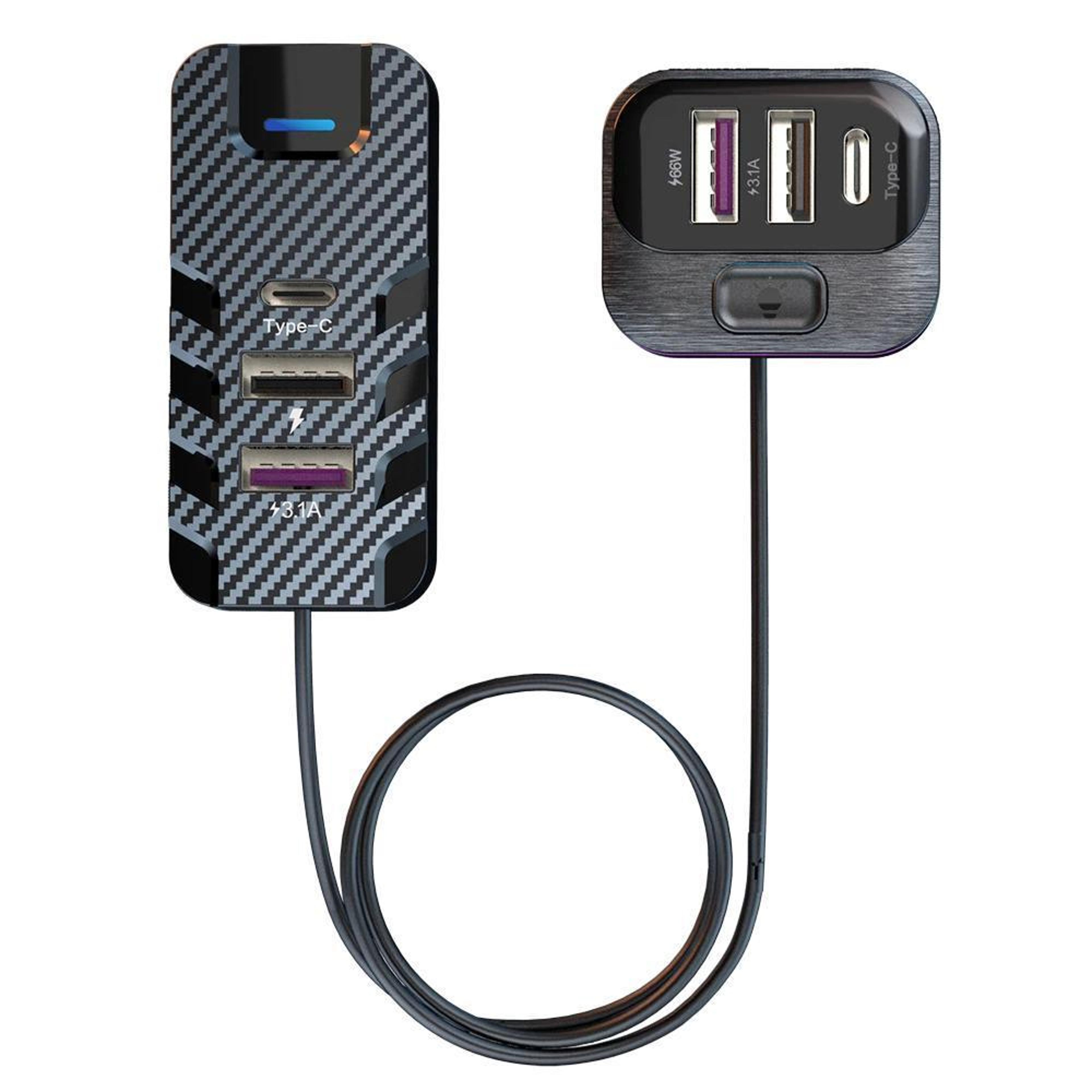 yq2 6 port car charger 66w fast car charger with usb c and 1.5m extension cable