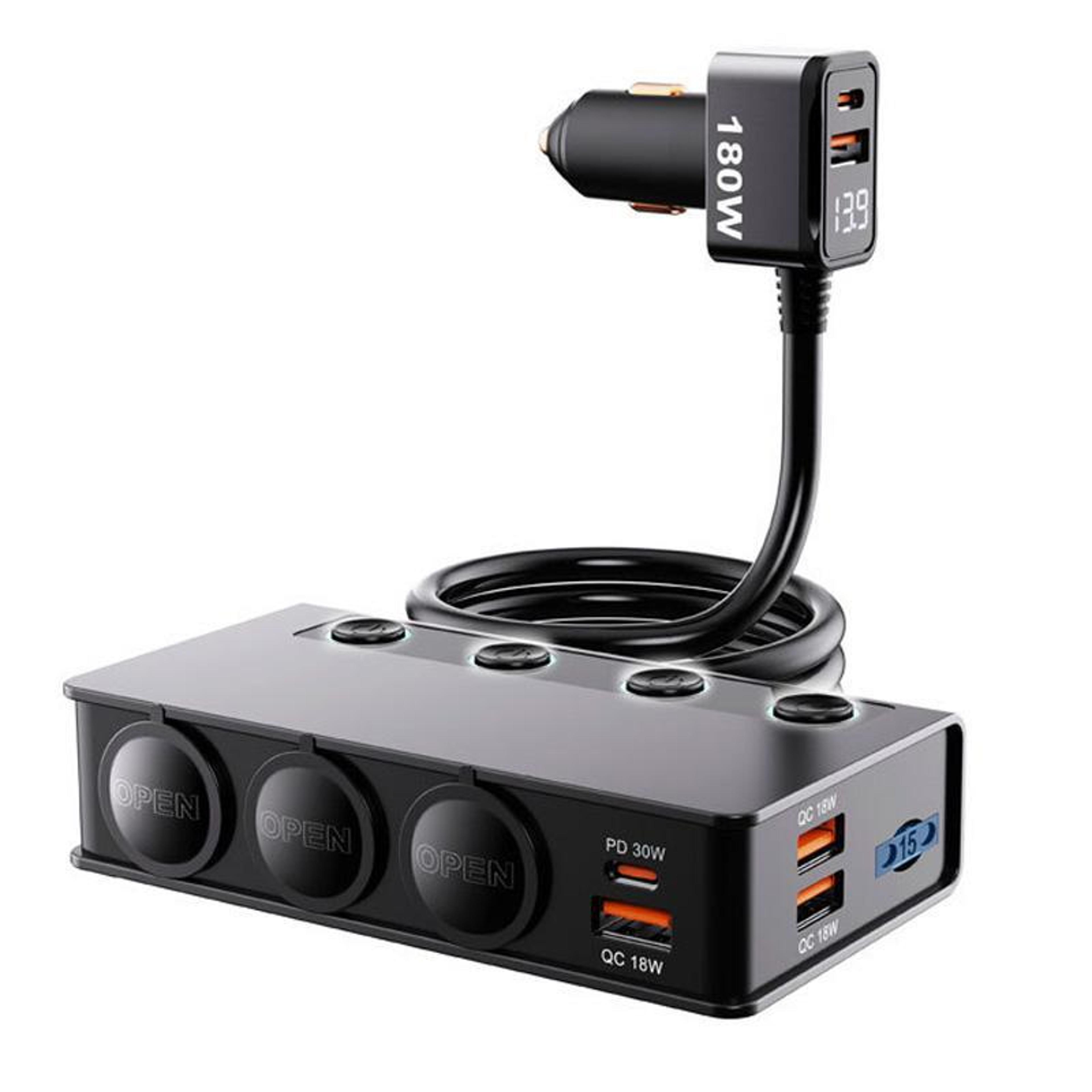 3 in 1 car charger with voltage display, dual usb car cigarette lighter adapter with independent switches