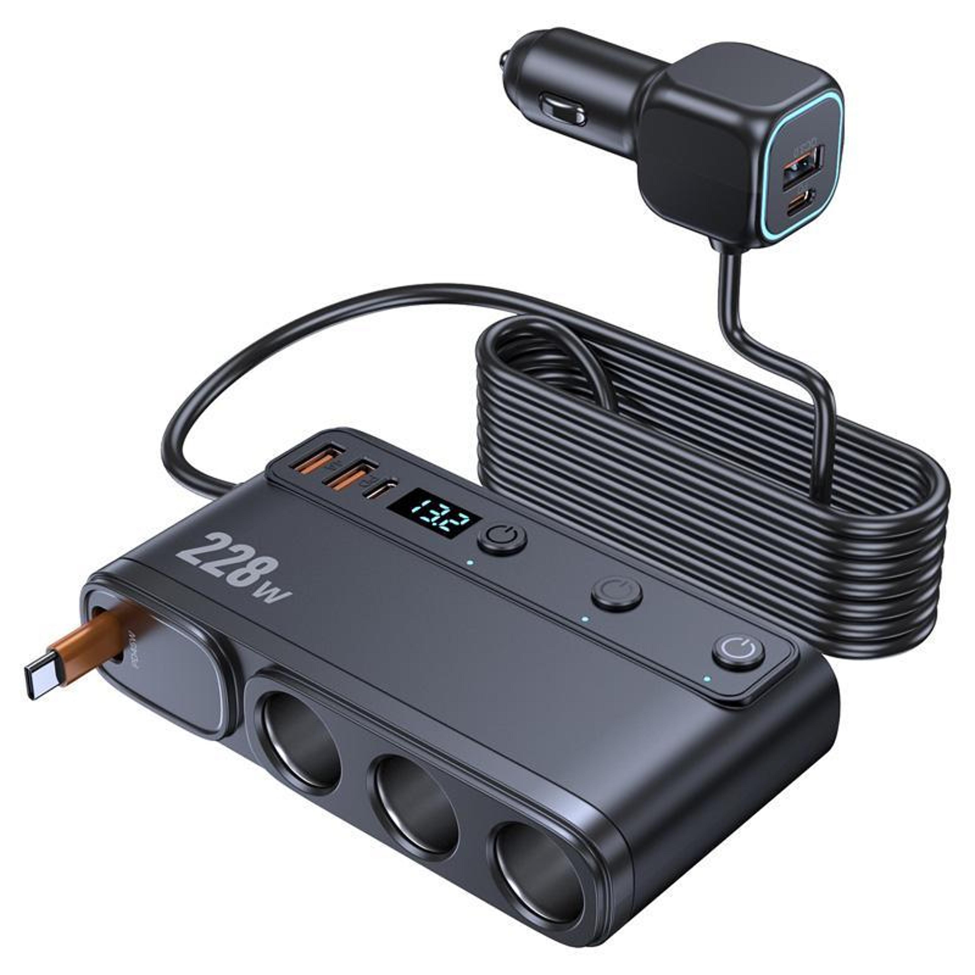 3 in 1 fast car charger with retractable cable, 228w car cigarette lighter charger with independent switches