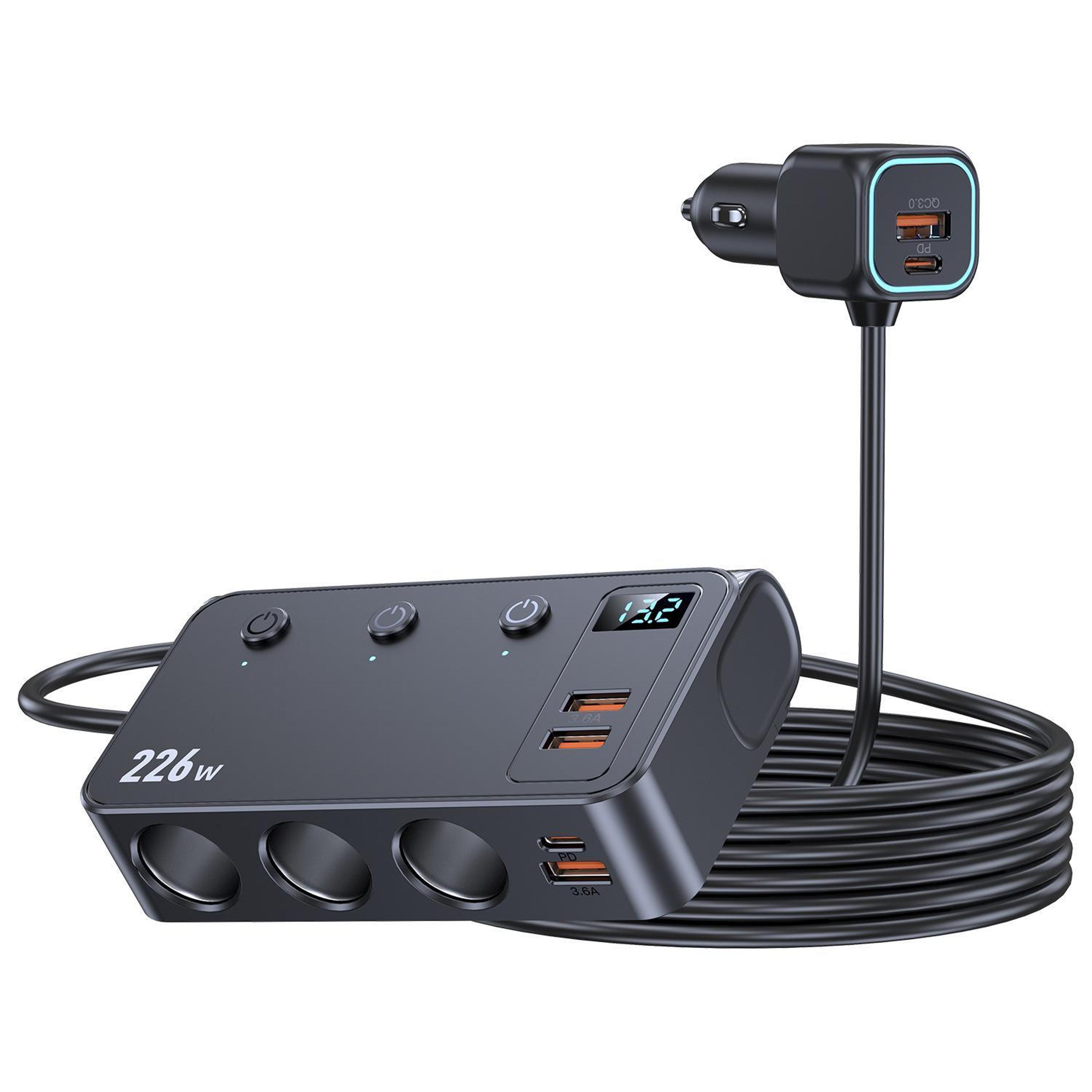 226w pd fast car charger with cigarette lighter splitter, digital display, 3 in 1 usb c car charger for 12v 24v vehicles
