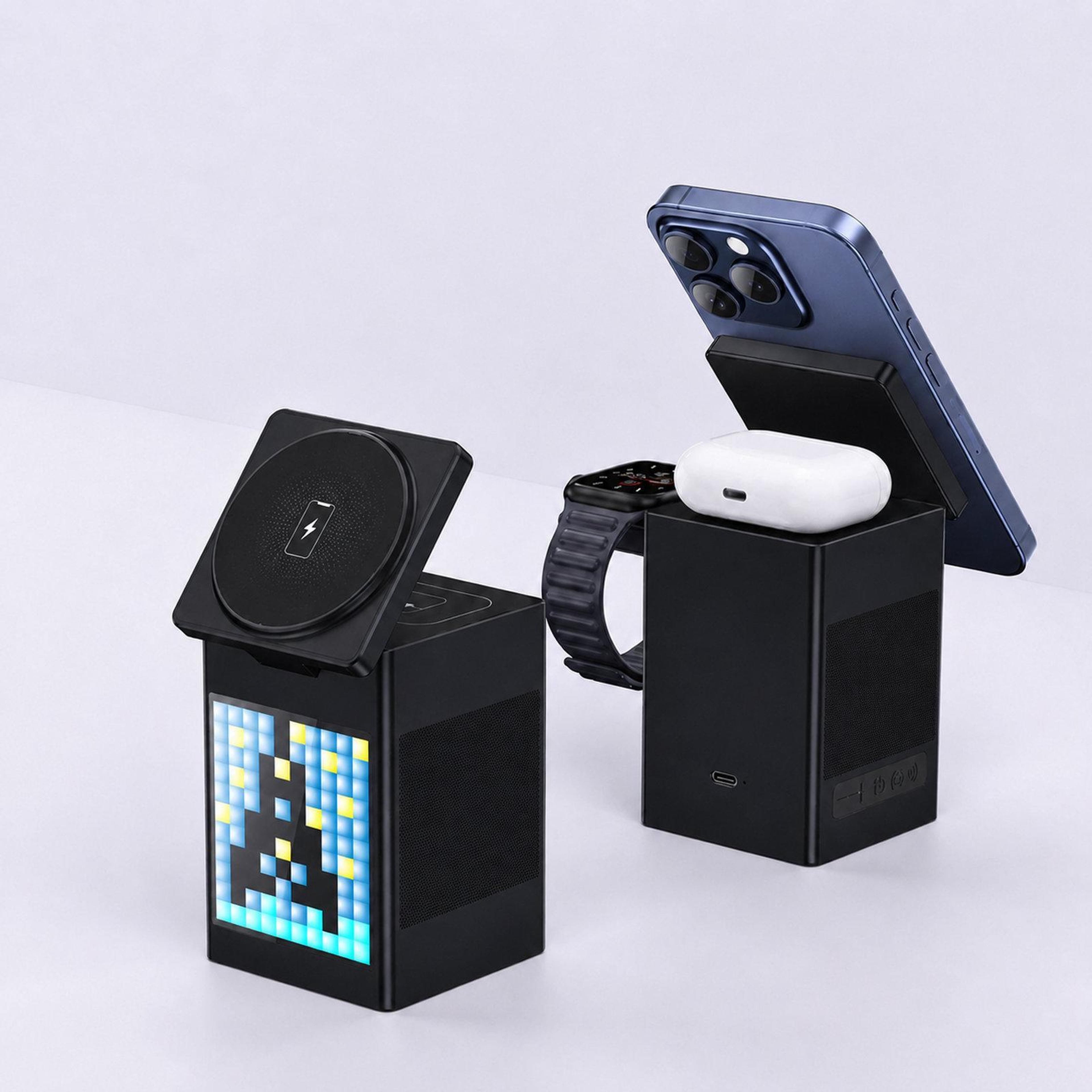 6 in 1 magnetic wireless charging station with bluetooth speaker, pixel art alarm clock and 3 in 1 fast charger