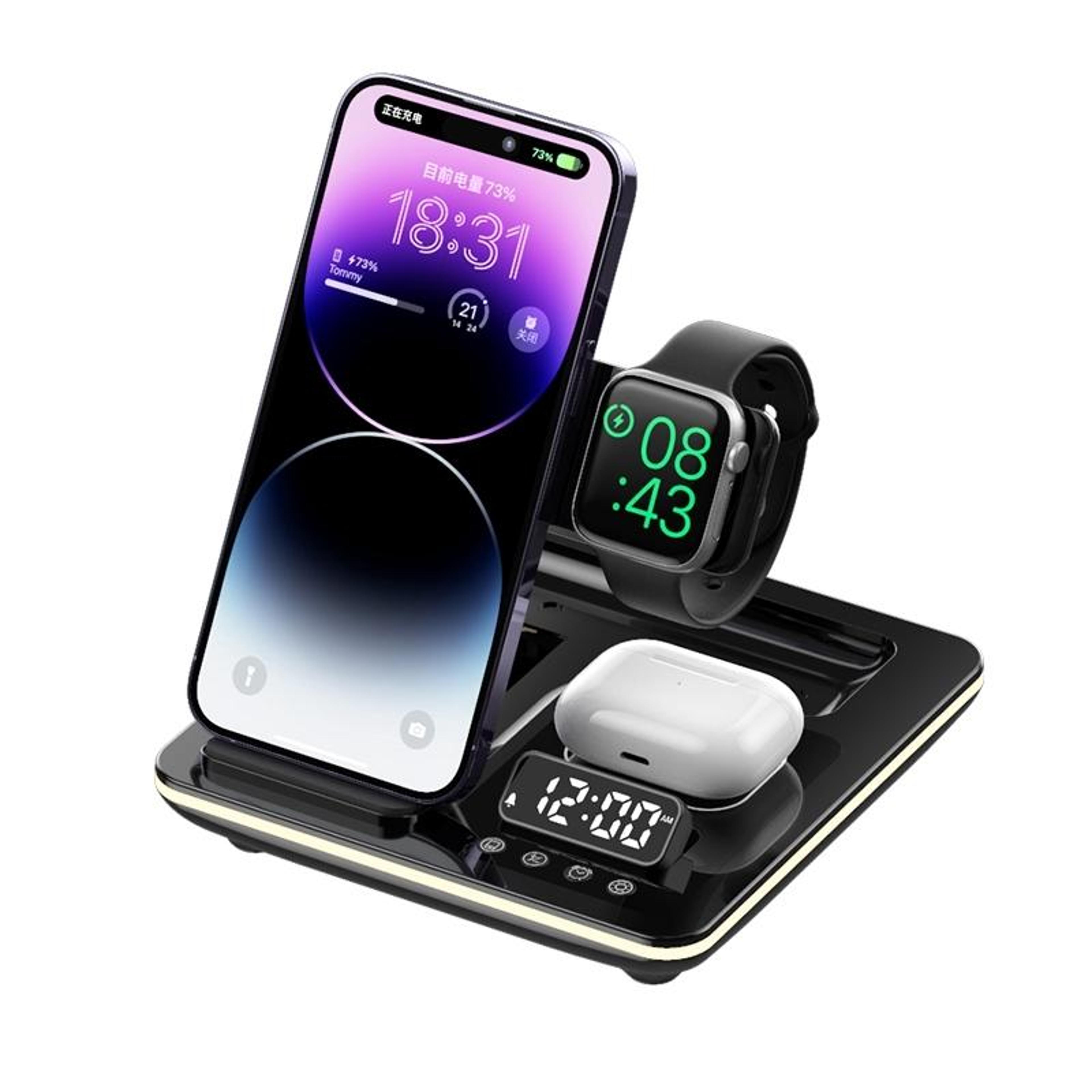 a93 15w 5 in 1 wireless charging station foldable magnetic phone stand with clock and rgb light