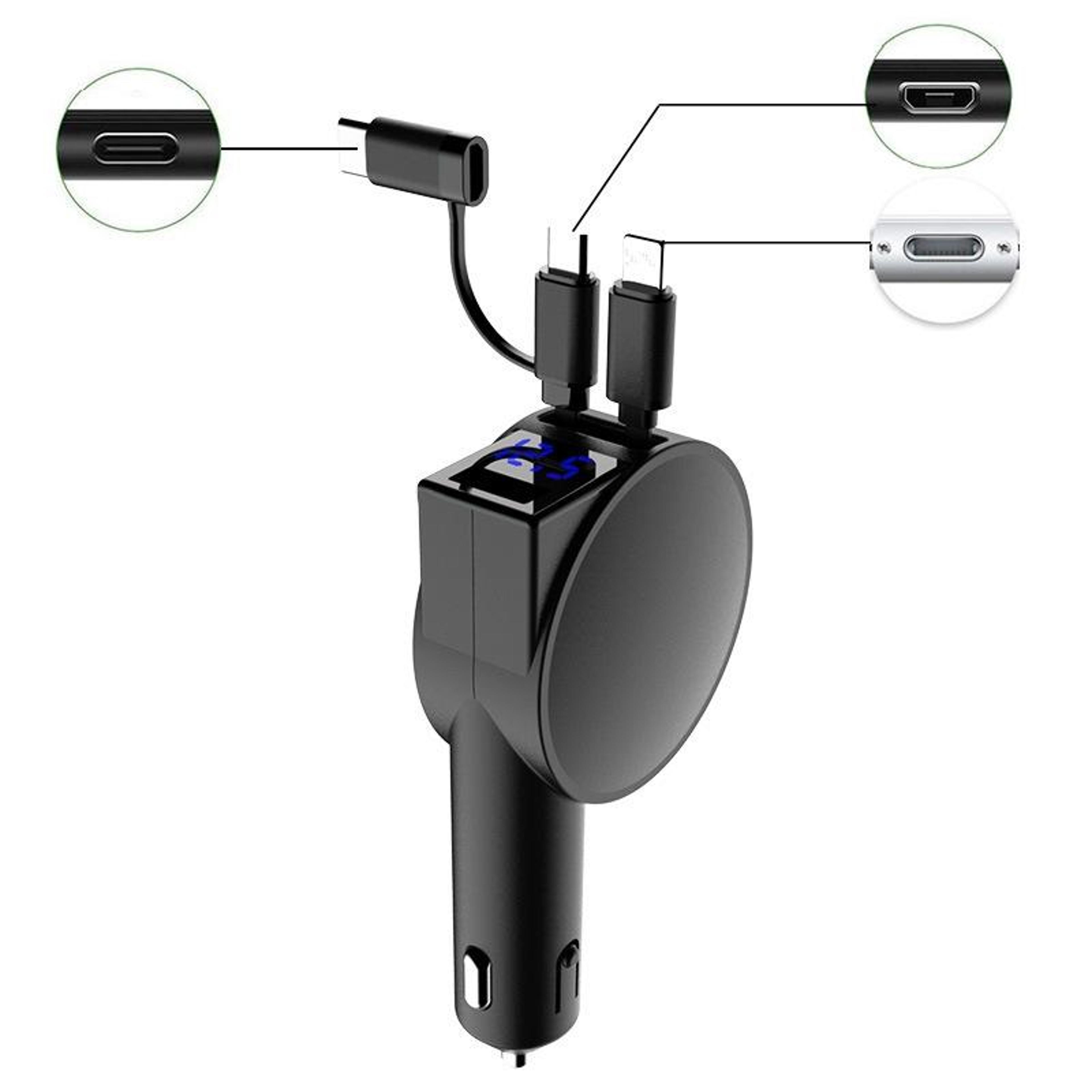 3 in 1 retractable car charger 60w fast car charger with dual built in cables and usb port