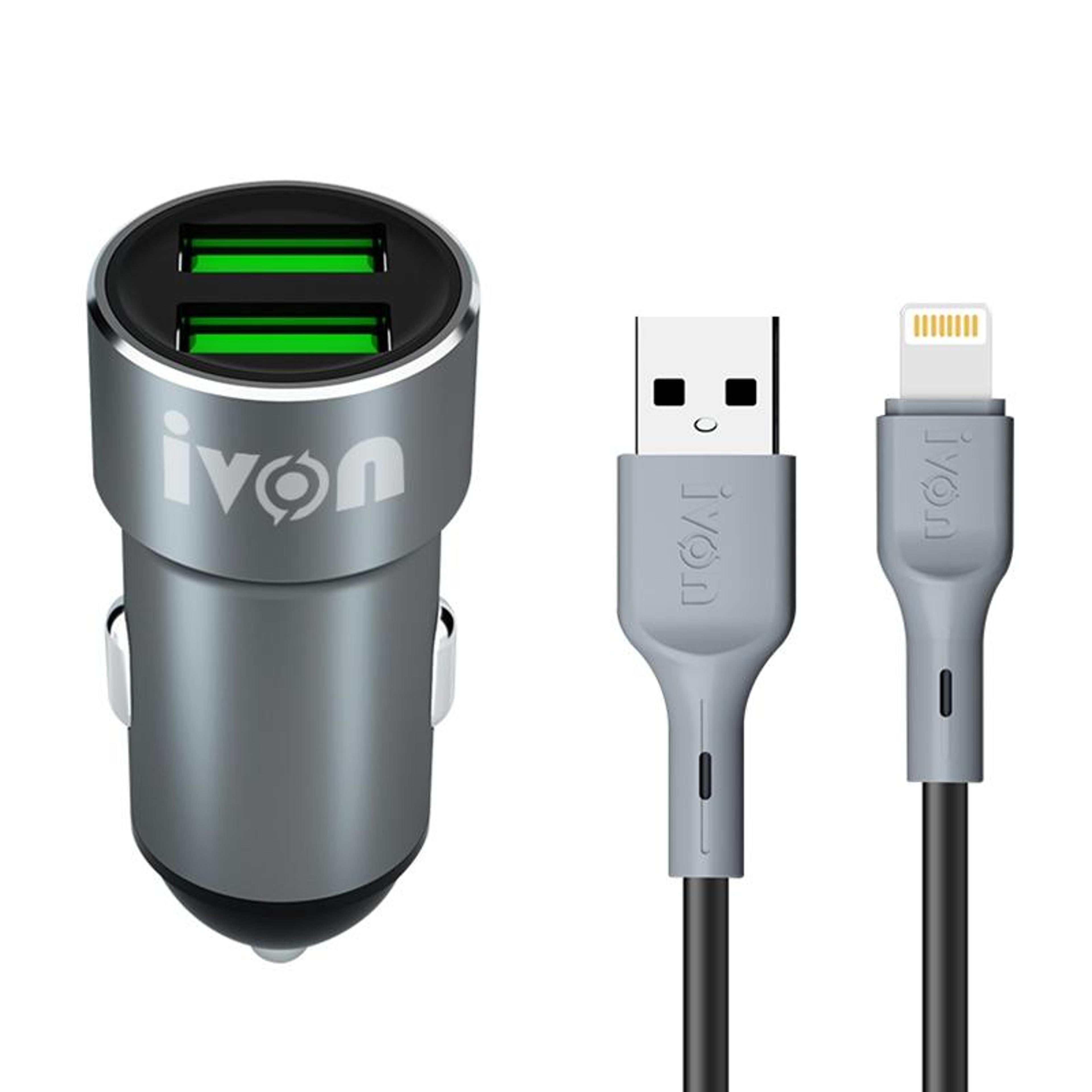 ivon cc38 dual usb car charger with 8 pin charging cable 2.4a fast car charging set
