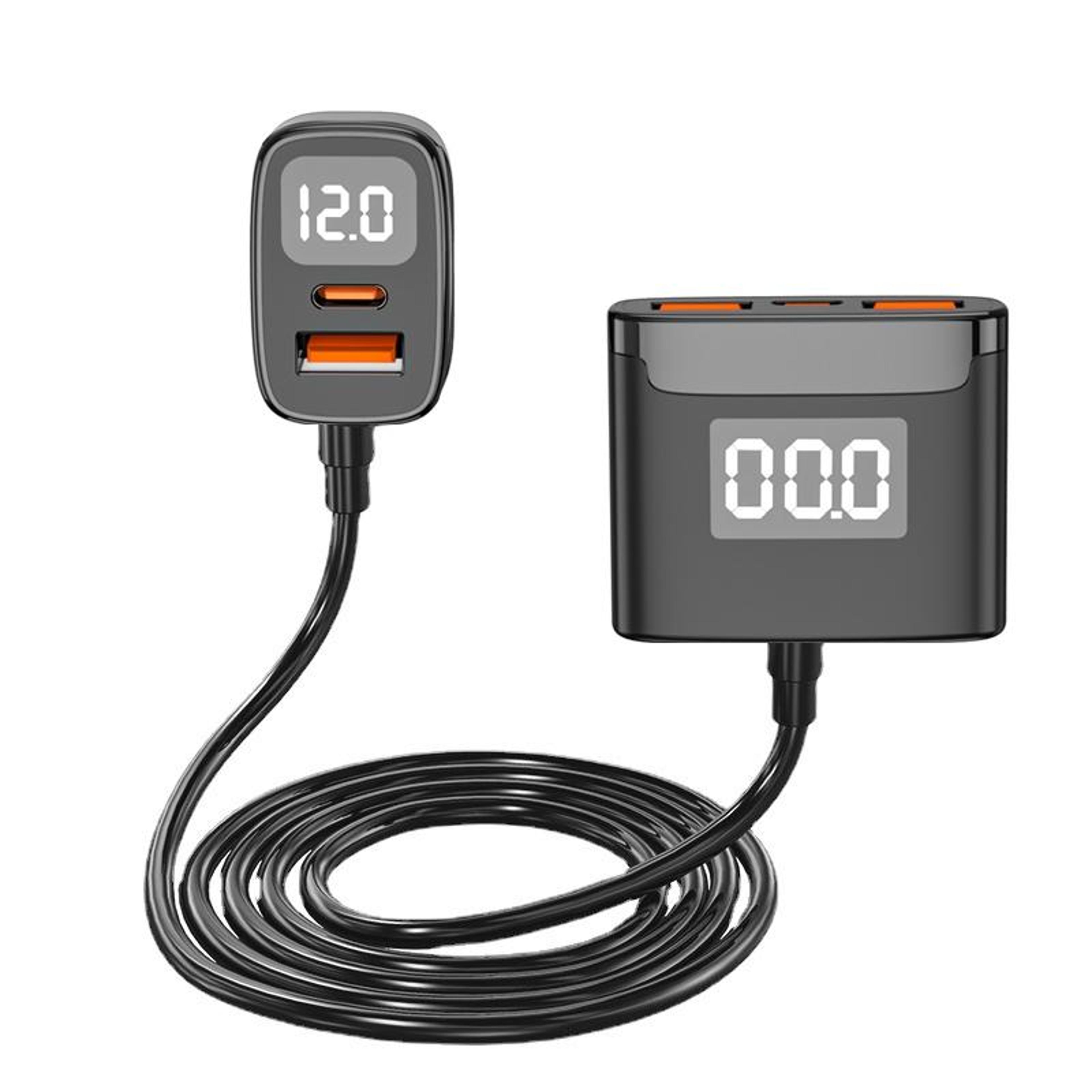 4 port qc3.0 car charger fast usb car charger for front and rear seats with digital display 42w