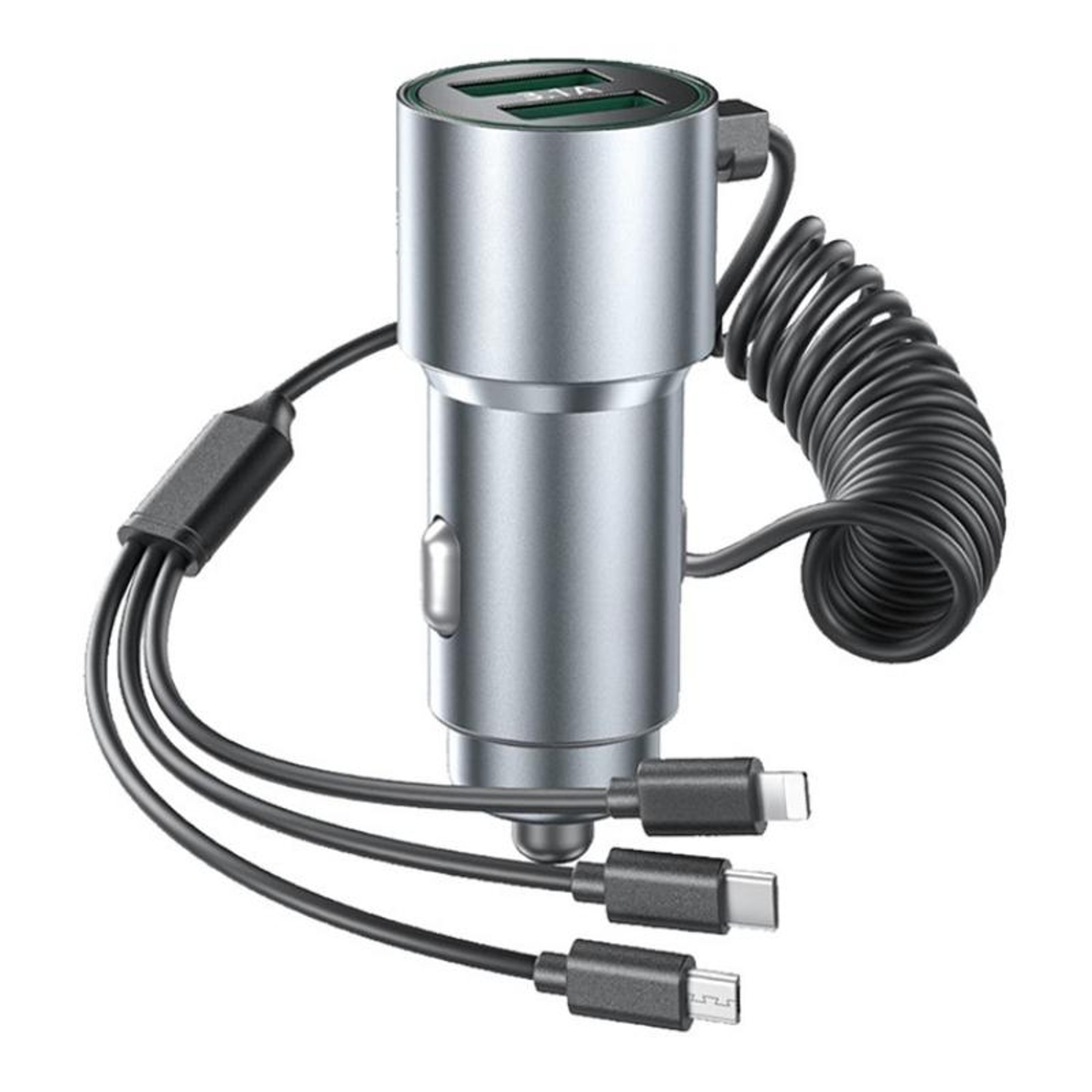 k15 car charger adapter 22.5w fast car charger with retractable 3 in 1 cable and dual usb ports