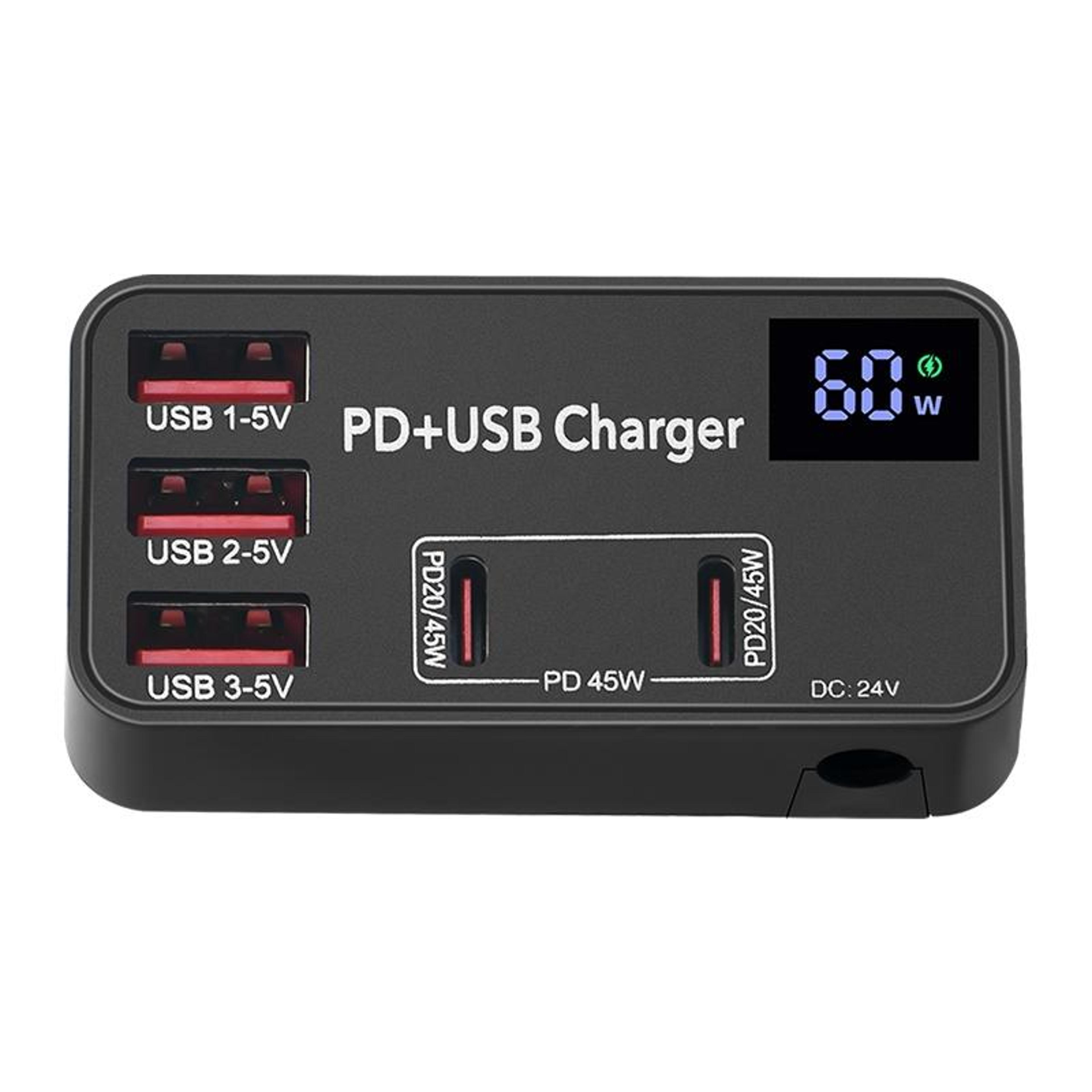 988b 60w 5 port usb charger with dual usb-c digital display fast charging adapter