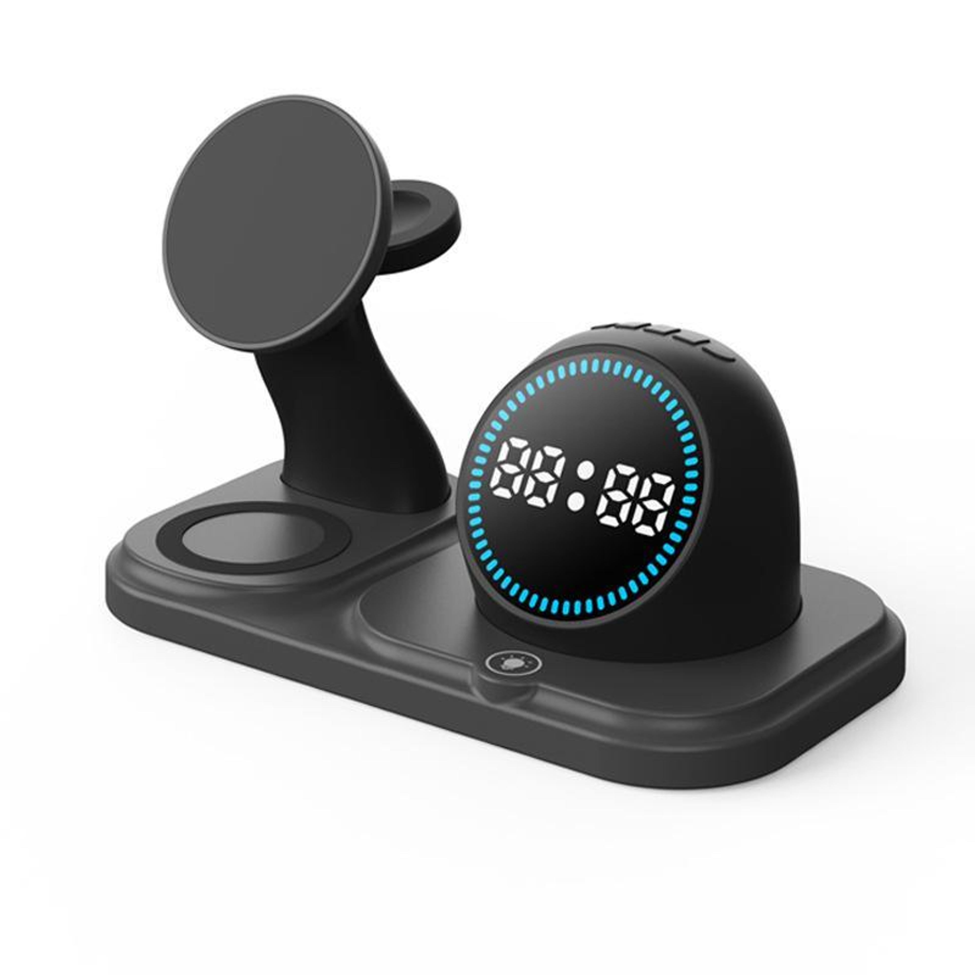6 in 1 magnetic wireless charging station with bluetooth speaker clock rgb light and fast wireless charger