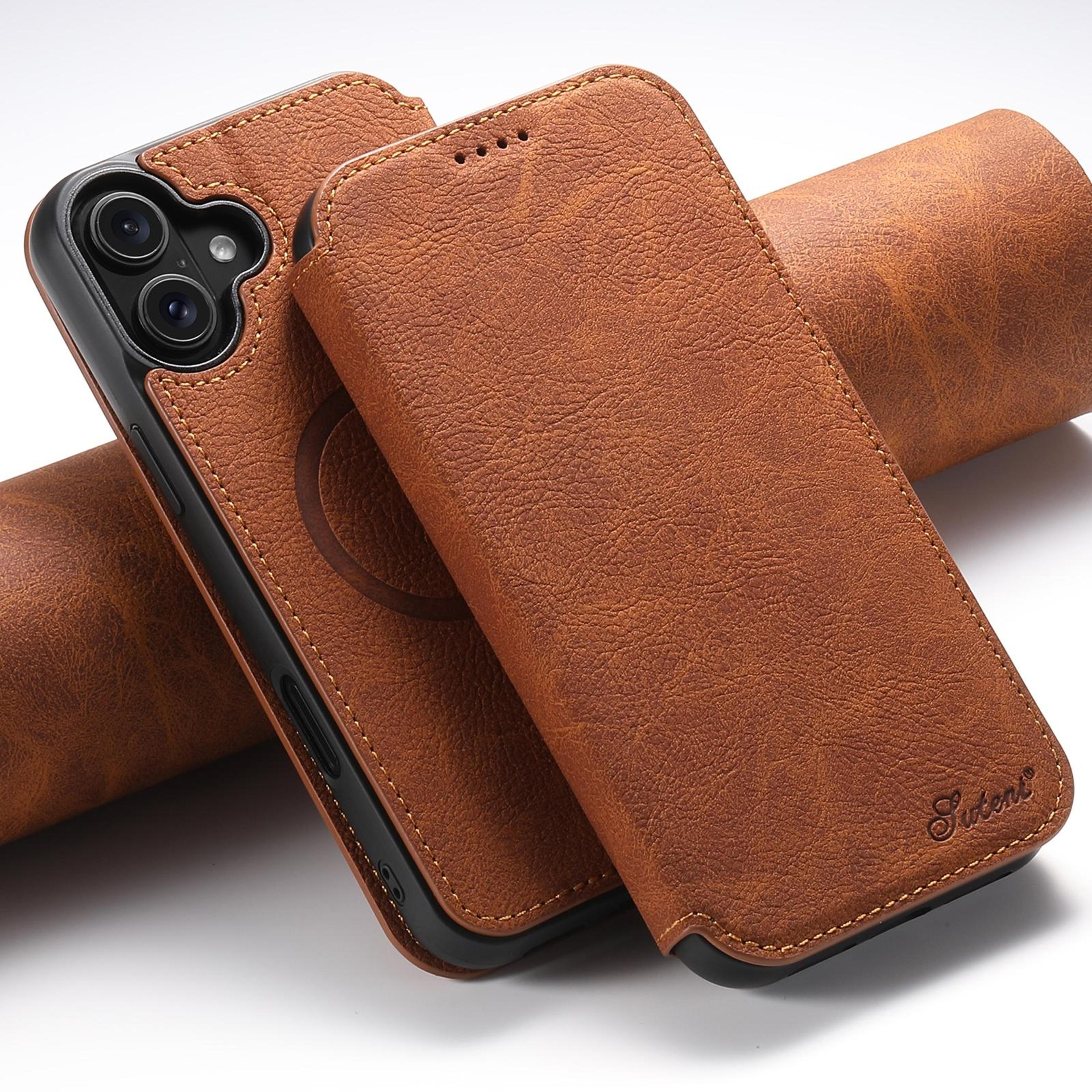 suteni j06 iphone 16 plus magsafe case retro litchi leather wallet kickstand cover