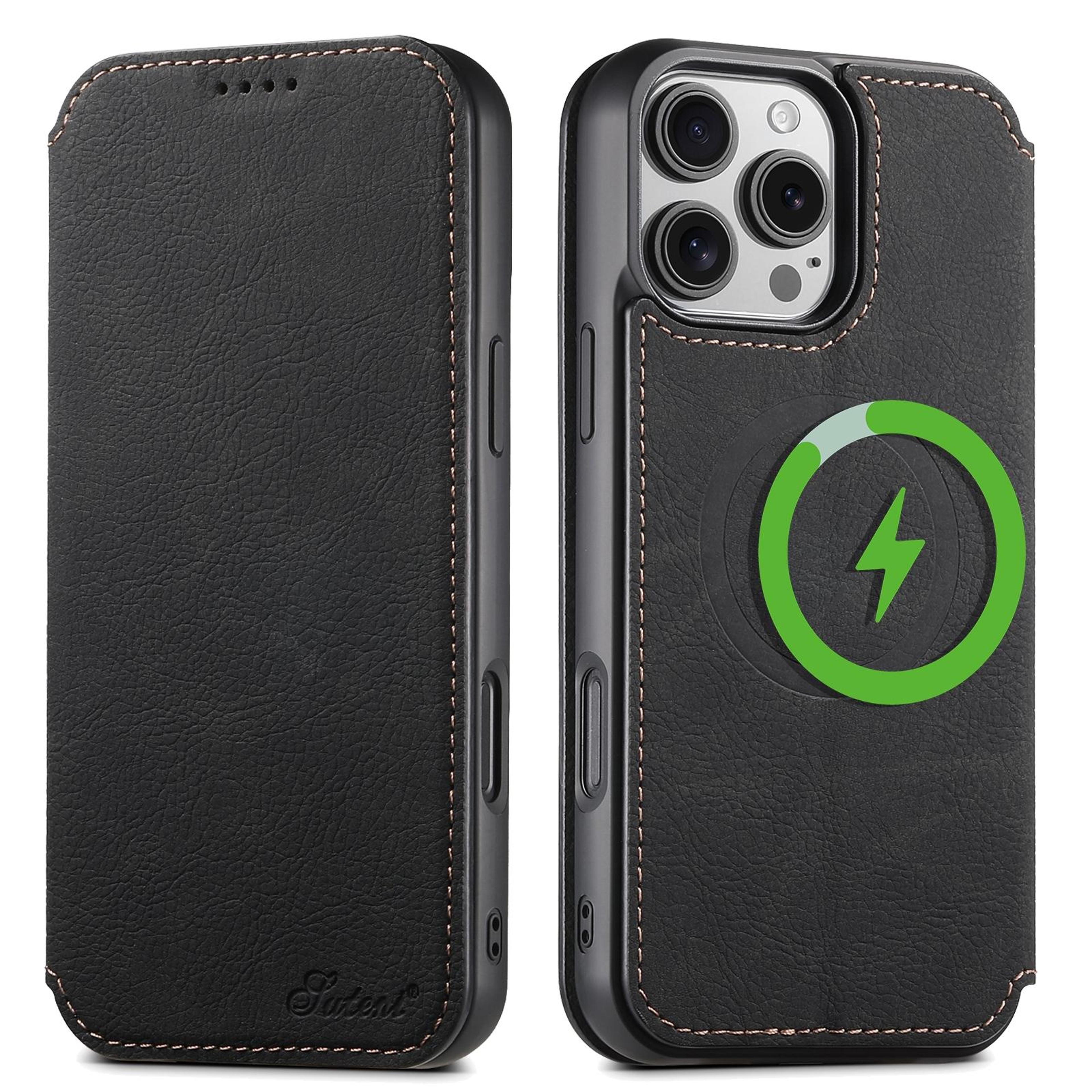 suteni j06 iphone 16 pro magsafe case retro litchi leather wallet case with stand