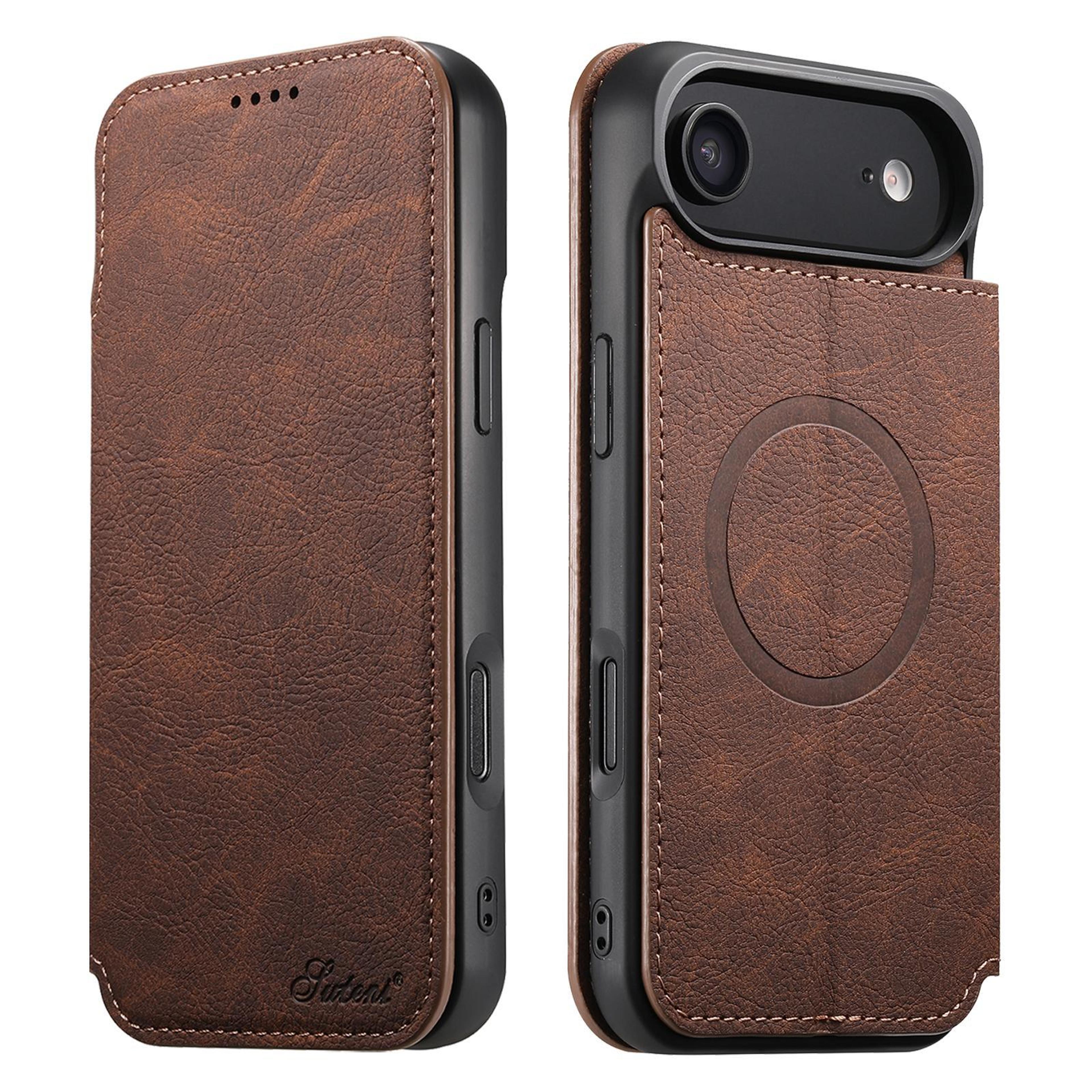 suteni j06 magsafe iphone case retro litchi leather wallet stand cover