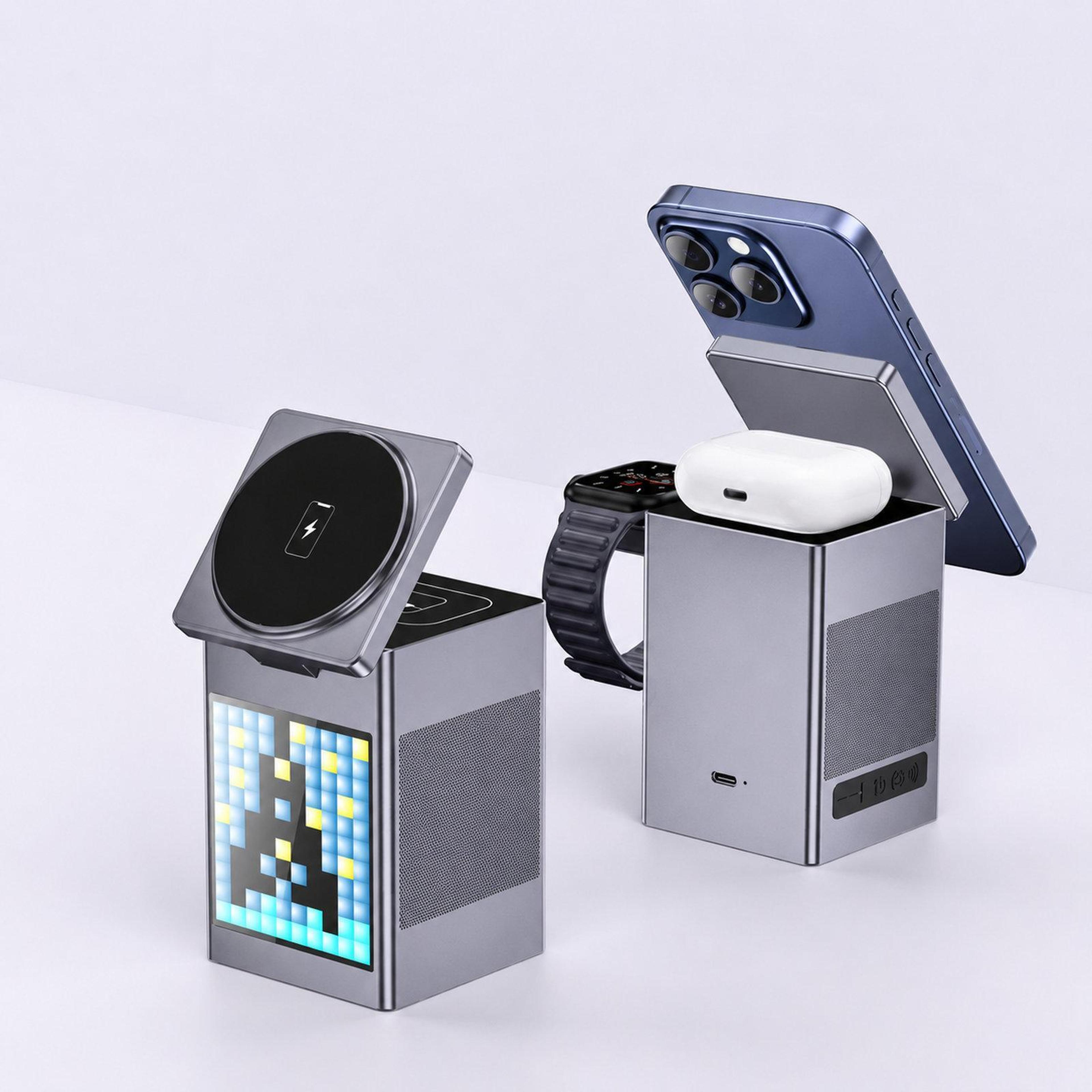 6 in 1 wireless charging station magnetic wireless charger with bluetooth speaker and pixel art clock