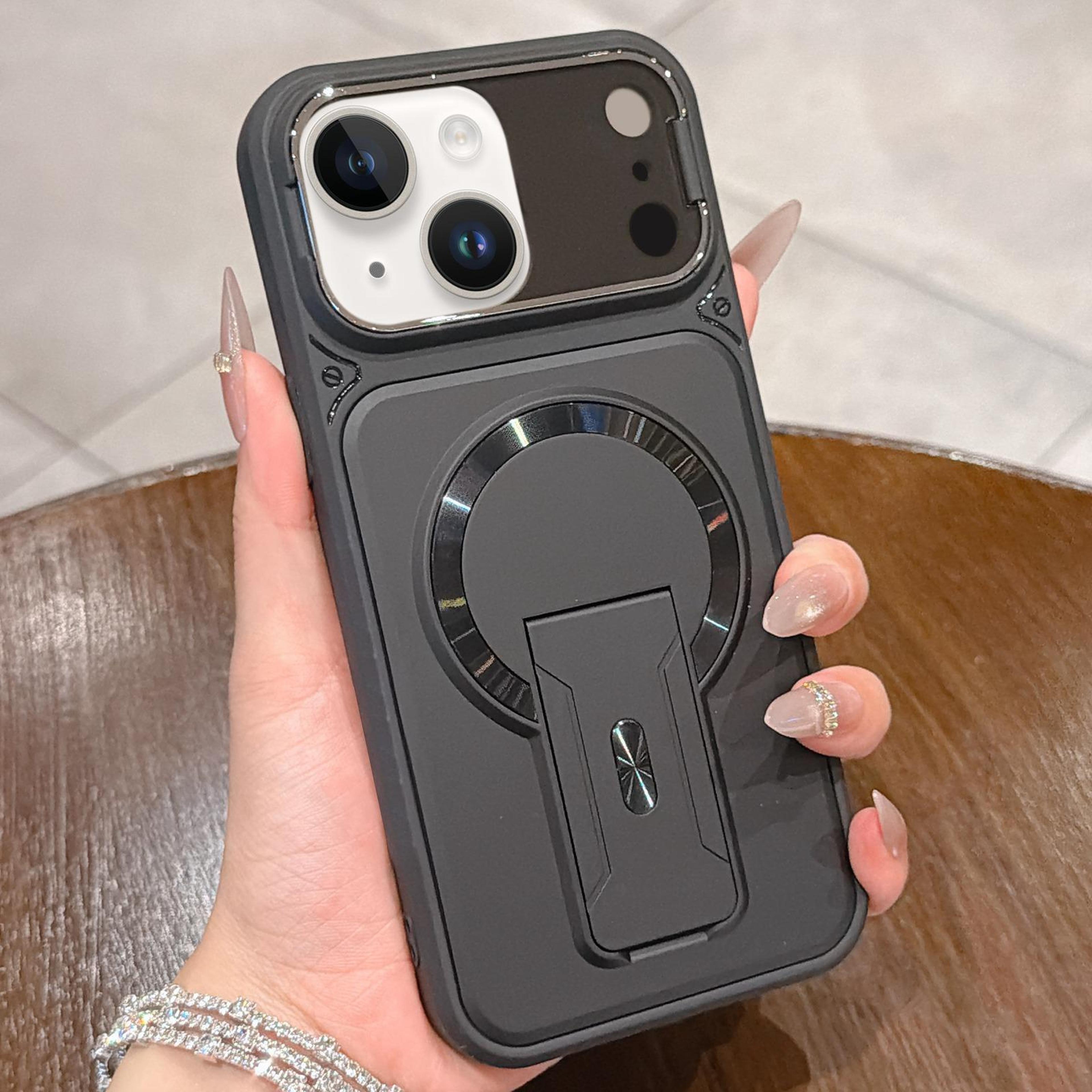 magnetic shockproof iphone 15 plus case with lens cover & hidden kickstand