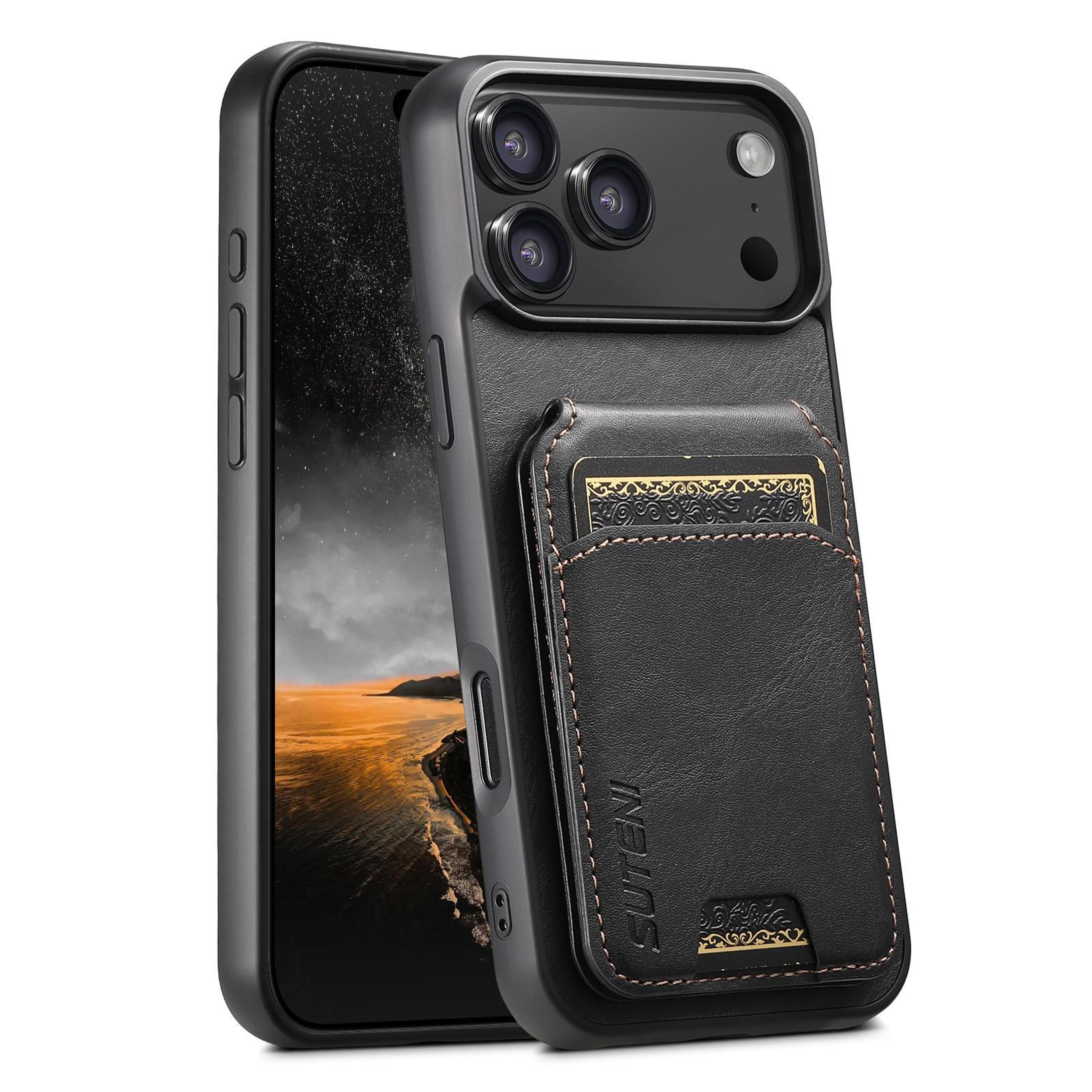suteni h02 leather wallet case with stand for iphone 17 pro max card holder cover