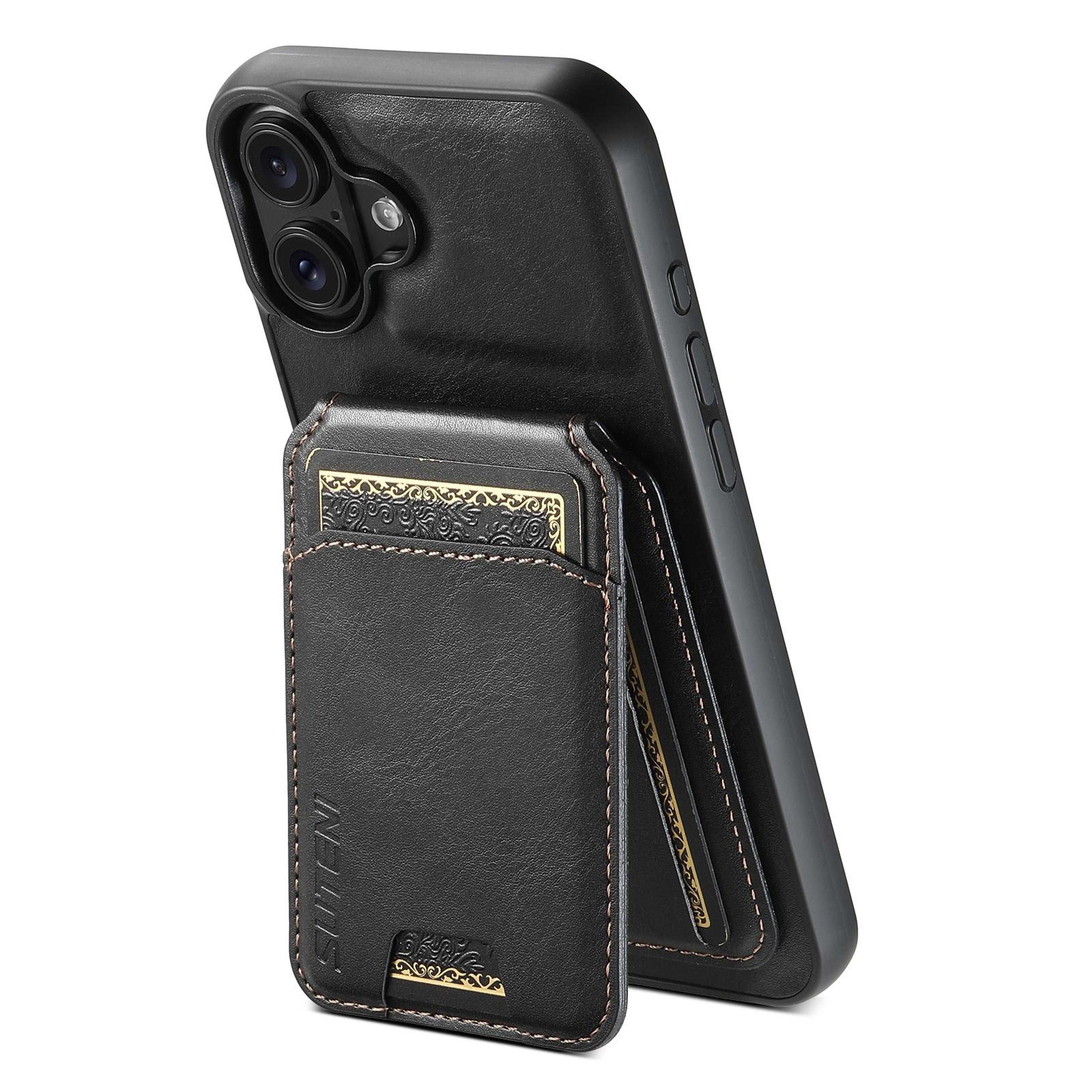 suteni h02 iphone 16 leather wallet case with stand & card holder shockproof protective cover